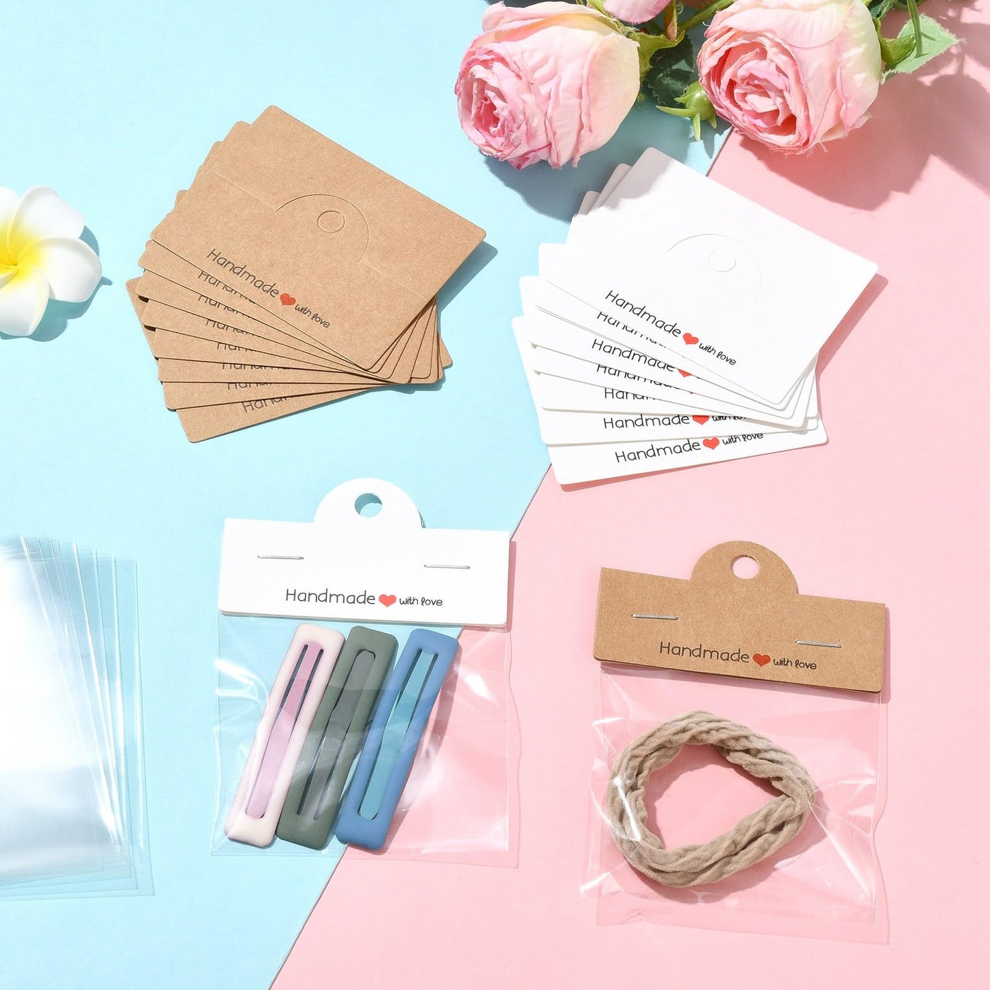 Gelirda 100Pcs Rectangle Cellophane Bags with Clear Window Handmade Packaging Pouch with Foldable Header Cards for Jewelry Packaging Accessory