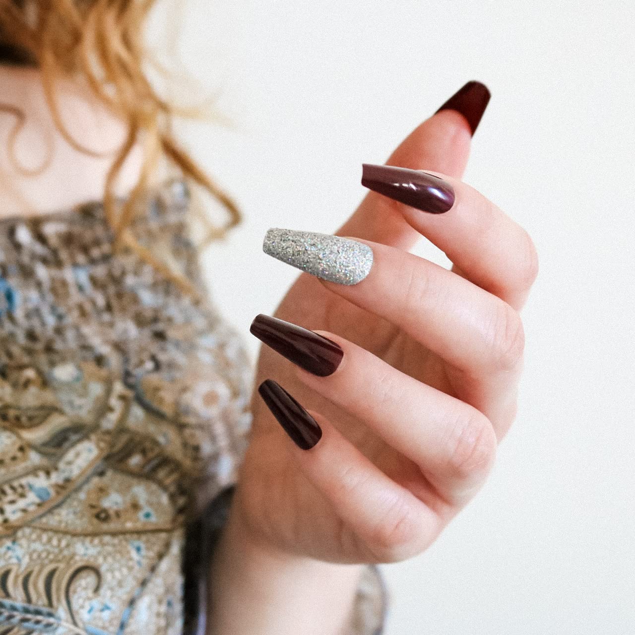 Allkem Press On Nails - Fusion Maroon Glossy Medium Long Ballerina | 10 sizes - 20 pcs Coffin Nail kit with Glue