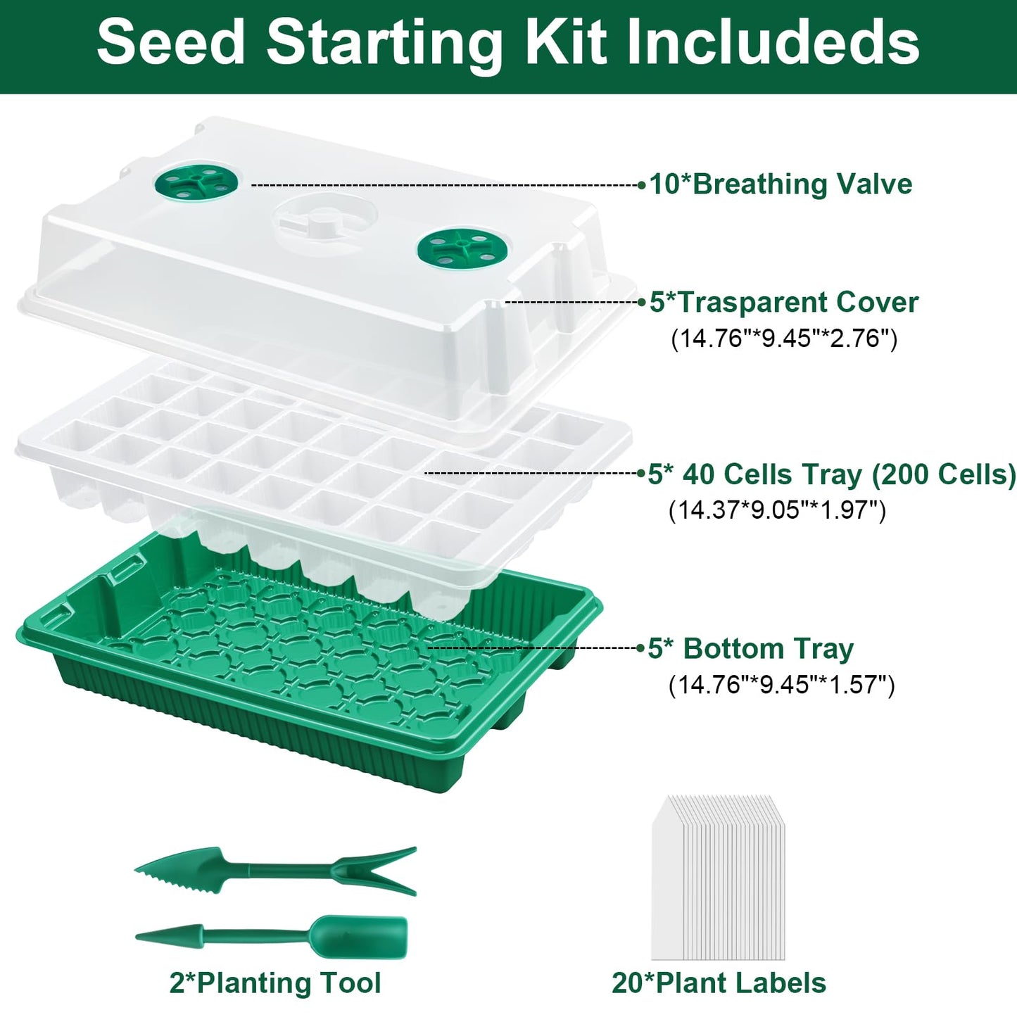 5 Pack Seed Starter Tray Seed Starter Kit (200 Cells Total Tray) with Adjustable Humidity Dome, Plant Germination Trays, Seed Starting Trays Mini Greenhouse Germination Kit for Seeds Growing Starting