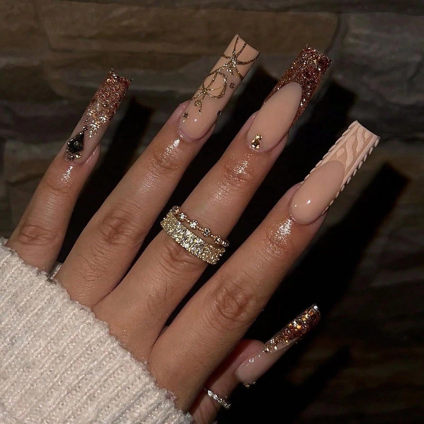 MISUD Press on Nails - Long Square Fake Nails with Gold Brown, Acrylic Bling Glitter Design 24 pcs