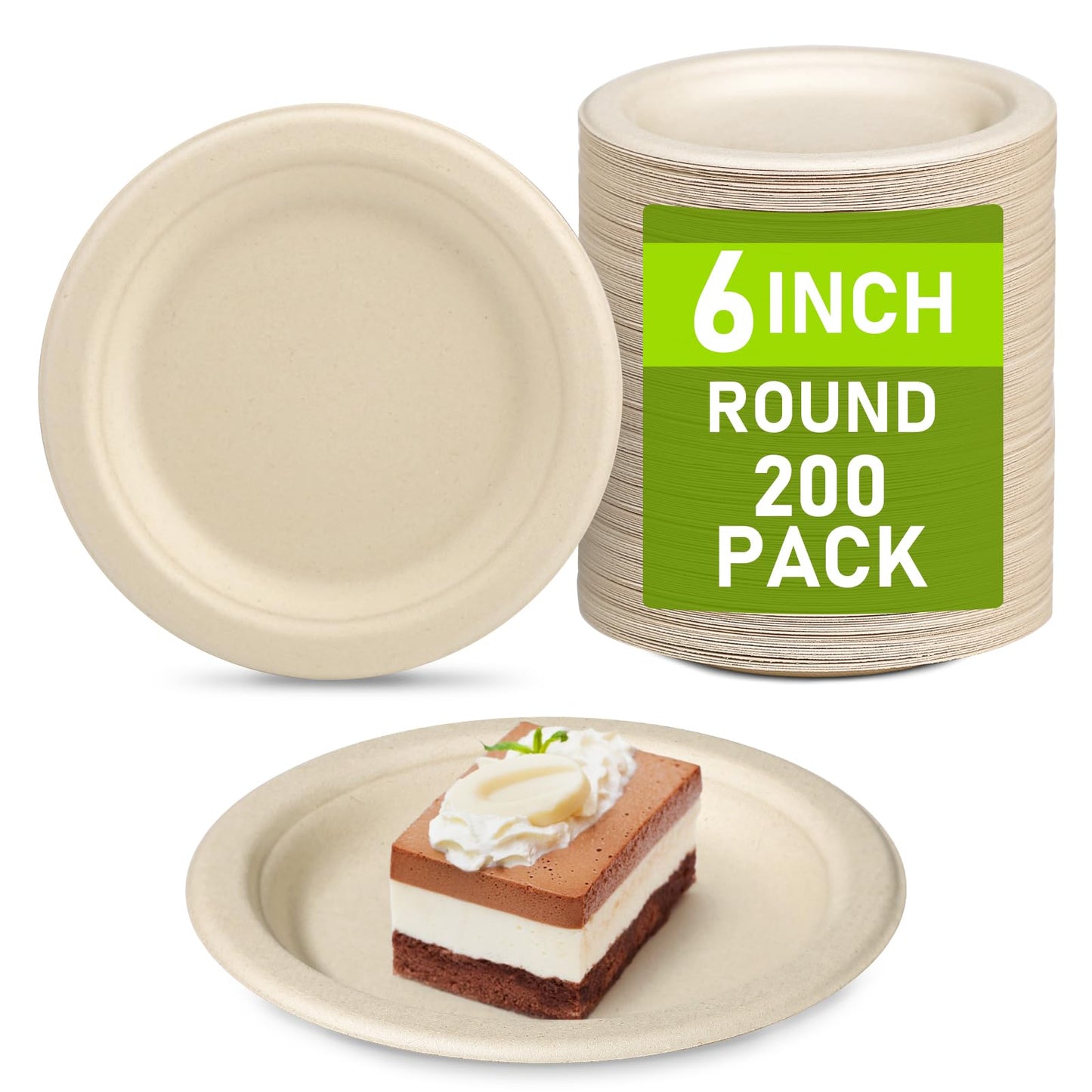 Uniecocus Small Paper Plates 6 inch, 200 Pack Disposable Plates, Eco Friendly Compostable Biodegradable Plates, Dessert Plates for Cake, Brown
