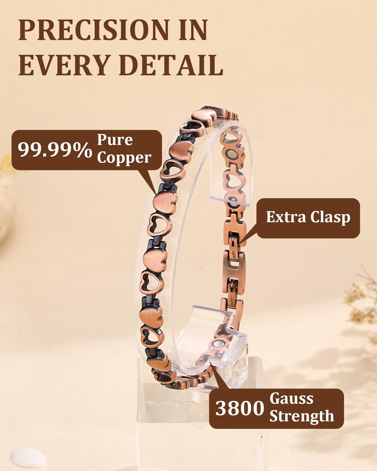 Fashtour 99.99% Pure Copper Magnetic Bracelet for Women, Heart Wire Design Adjustable Jewelry with 3800 Gauss Magnets, Elegant Gift Box