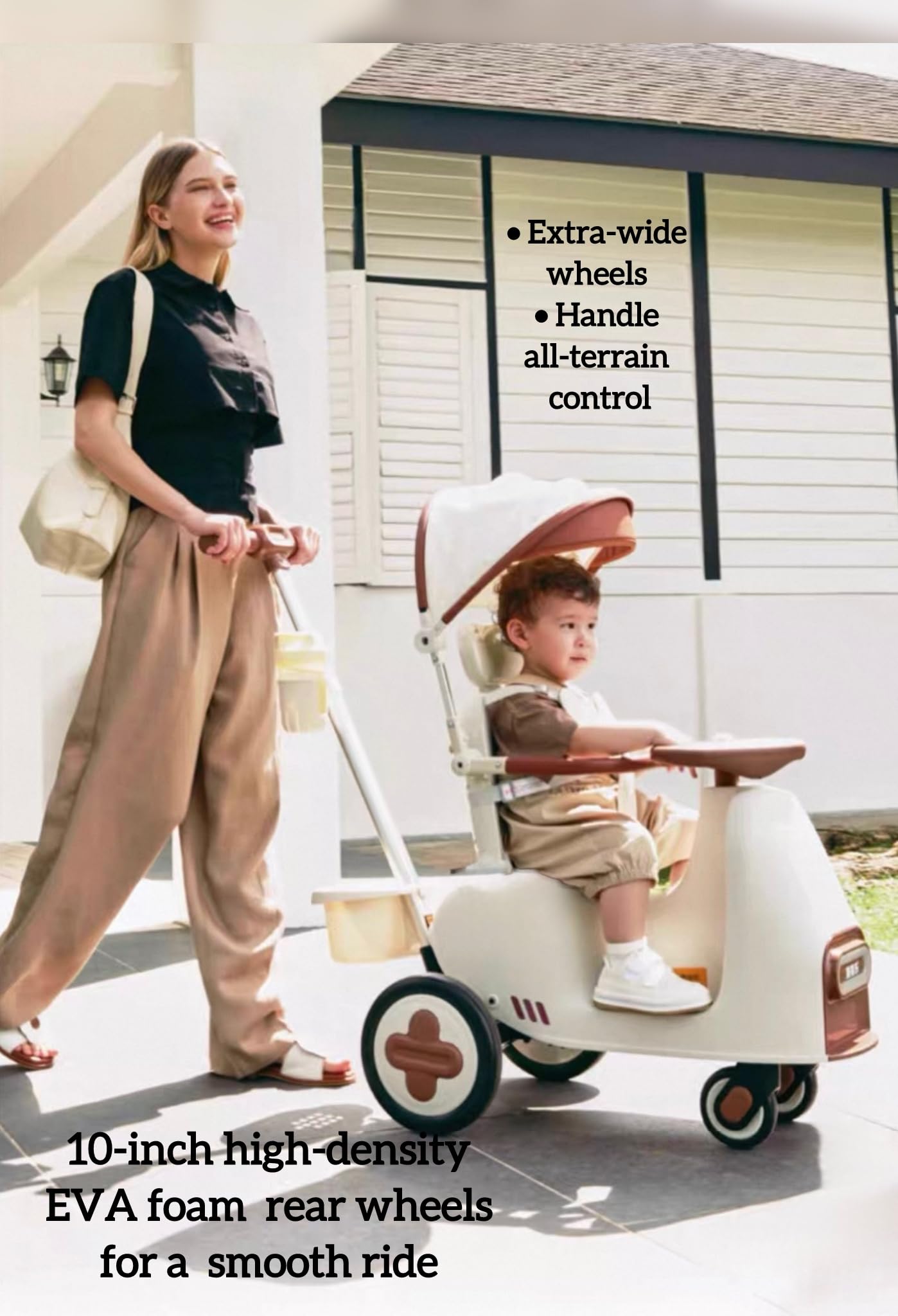 MUMUBOO 3-in-1 Push Ride-On Car Stroller with Automatic Rocking | Innovative Baby & Toddler Solution - No Batteries, No Charging, Just Push & Rock (Beige)