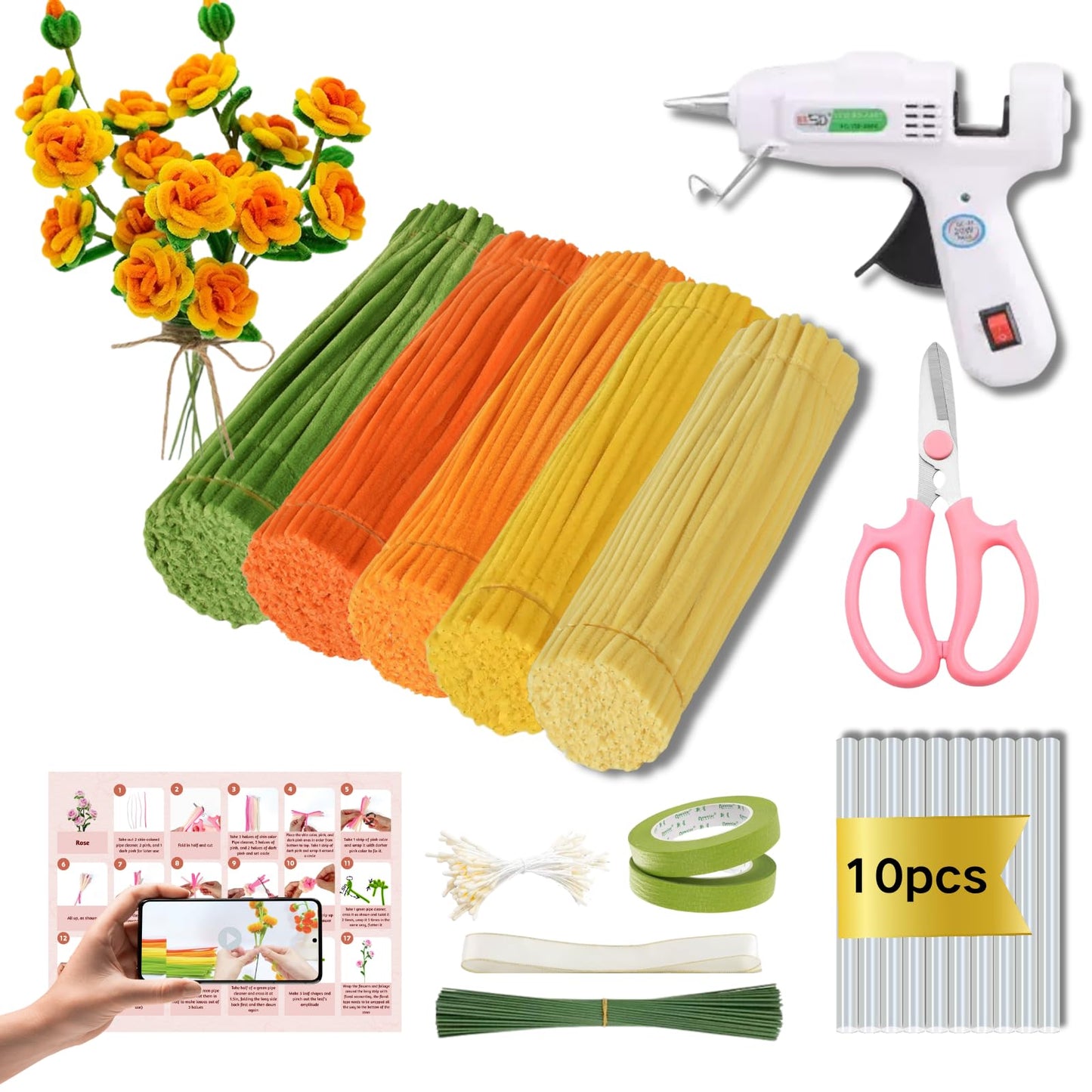 Xokpait 500pcs Pipe Cleaners Flowers Kit,Chenille Stems for DIY Flower Making Kit,Pipe Cleaners Projects Creative for DIY Art and Craft,Ideal for Holiday Decoration(Yellow)