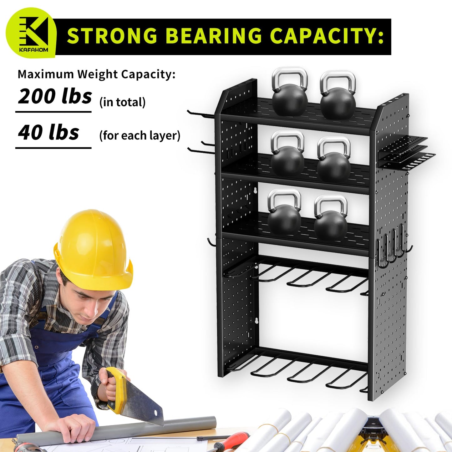 KAFAHOM Power Tool Organizer,Large 8 Drill Holder Wall Mount with 2 Side Pegboards,5 Layer Metal Tool Storage Rack with 12 Hooks,Tool Shelf for Garage Organization,Utility Battery Shelves - Black