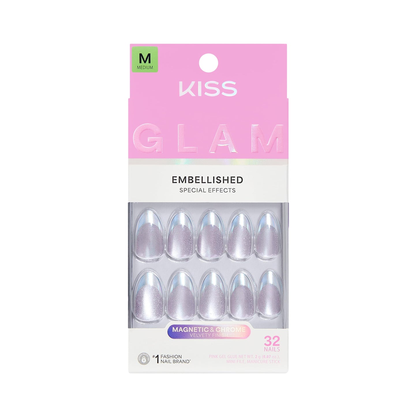 Kiss Glam, Press On Nails, Nail glue included, 'Fairy Tale', Pink, Medium Size, Almond Shape, Includes 32 Nails, 2g Glue, 1 Manicure Stick, 1 Mini File
