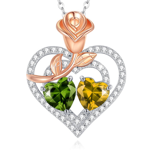 AGVANA August November Birthstone Jewelry Peridot Citrine Necklace Sterling Silver Rose Flower Heart Double Birthstone Pendant Necklace Anniversary Birthday Gifts for Women Mom Wife Lady Her