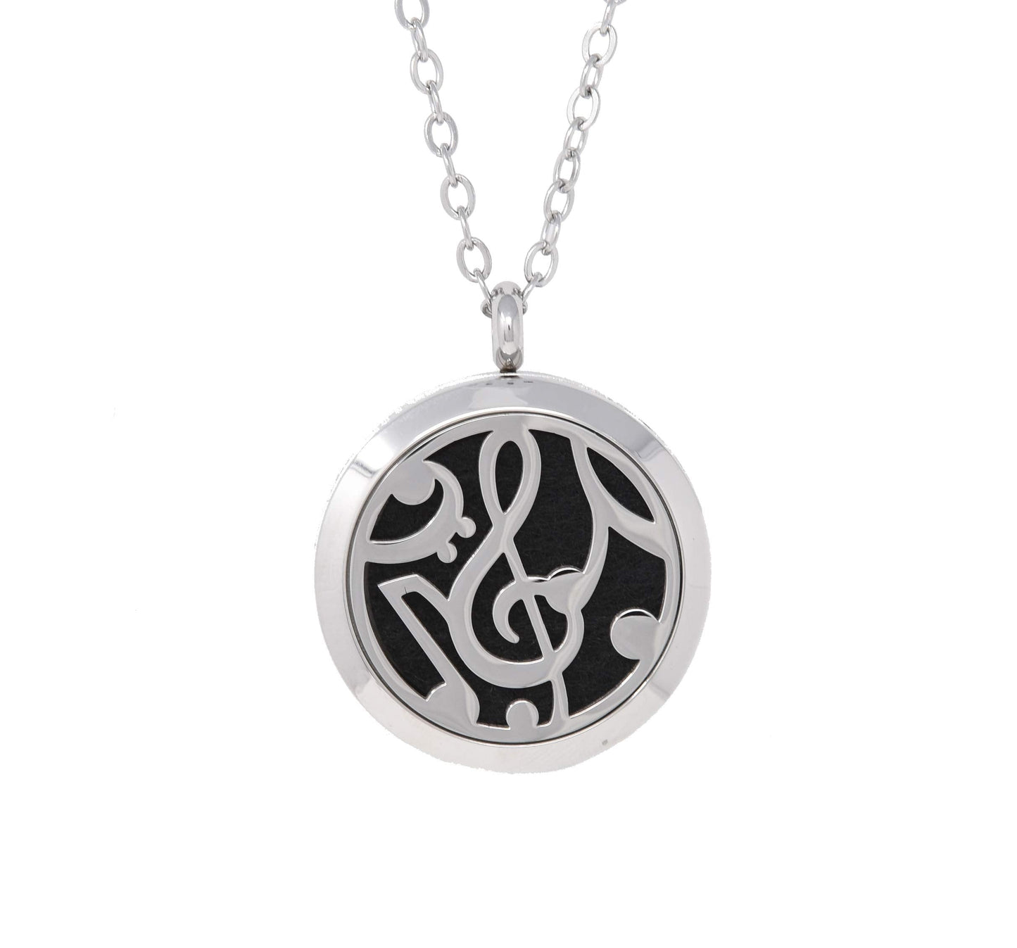Aromatherapy Essential Oil Diffuser Stainless Steel 30MM Silver Magnetic Locket Pendant 2 Sizes Chain Necklace, Refill Pads & Diffuser Bracelet in a Velvet Bag (Music2)