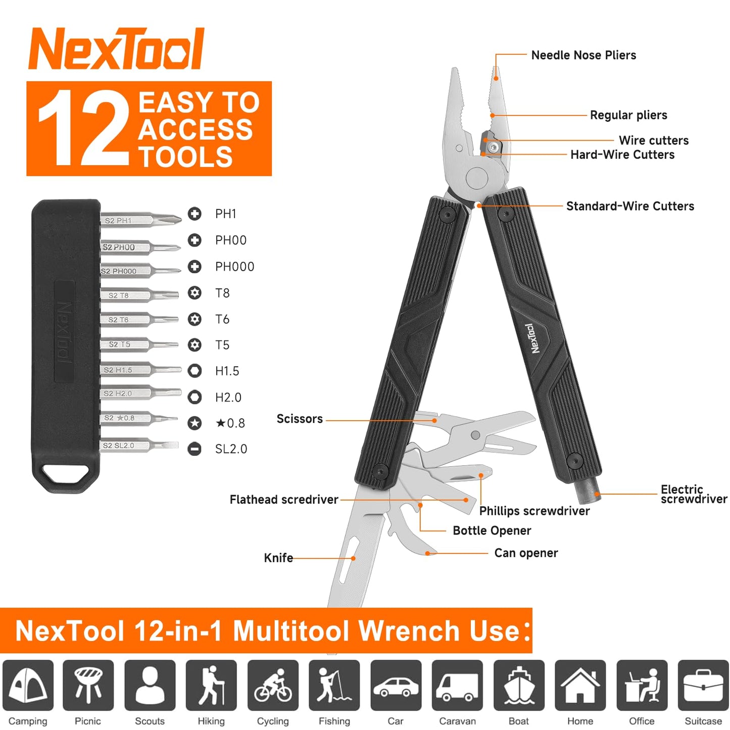 NexTool Gemini, Multi Tool, Multitool Knife with Electric Screwdriver, Needle Nose pliers, Scissors and Bottle Opener, 4mm Bit Set for Small Electronics, RC car, Drones, Glasses Assemble, Unique Gifts