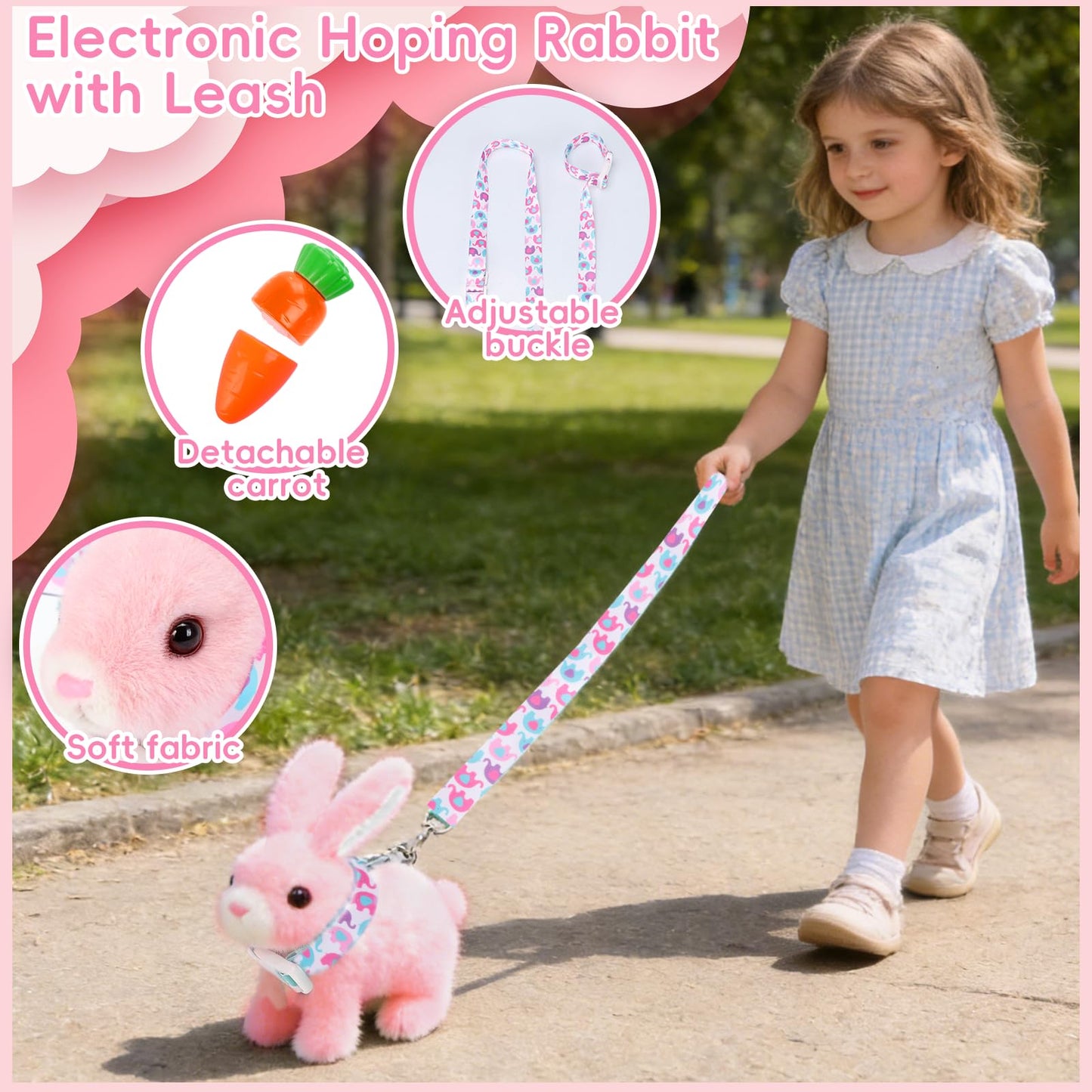 Sprstar Easter Bunny Toy,Bunny My Realistic Bunny Toy,Hopping Rabbit Plush Bunny Toy,with Sounds and Movements Animated Walking Wiggle Ears Twitch Nose Gift for Toddlers Birthday(Pink Rabbit + Leash)