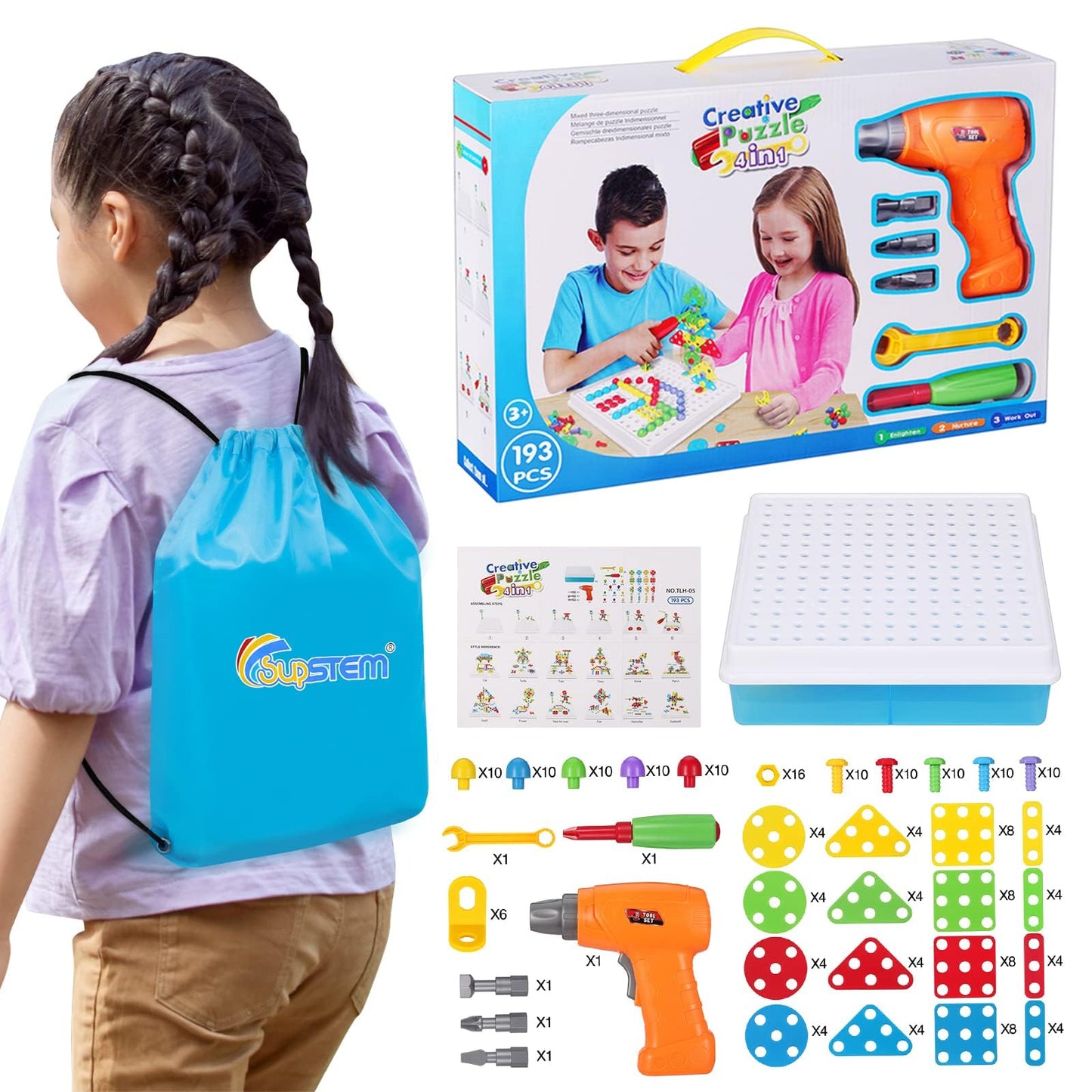 STEM Drill & Build Kit for Kids Ages 3-8 | Electric Toy Drill with 193+ Pieces (Screws, Nuts, Rainbow Fasteners) | Creative Design Construction Toys for Boys Girls | Gift for Birthdays, Christmas
