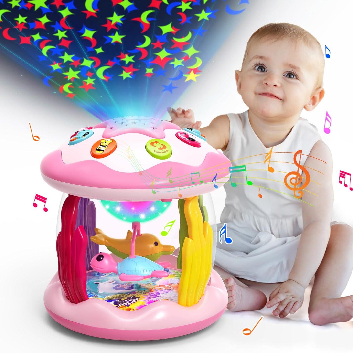 Letapapa Baby Toys 6 to 12 Months, 4 in 1 Ocaen Rotating Projector, Tummy Time Light Up Musical Toys for 6 7 8 9 12-18 Months, Educational Birthday Gifts for Baby Infants 1 2 Year Old Girls(Pink)