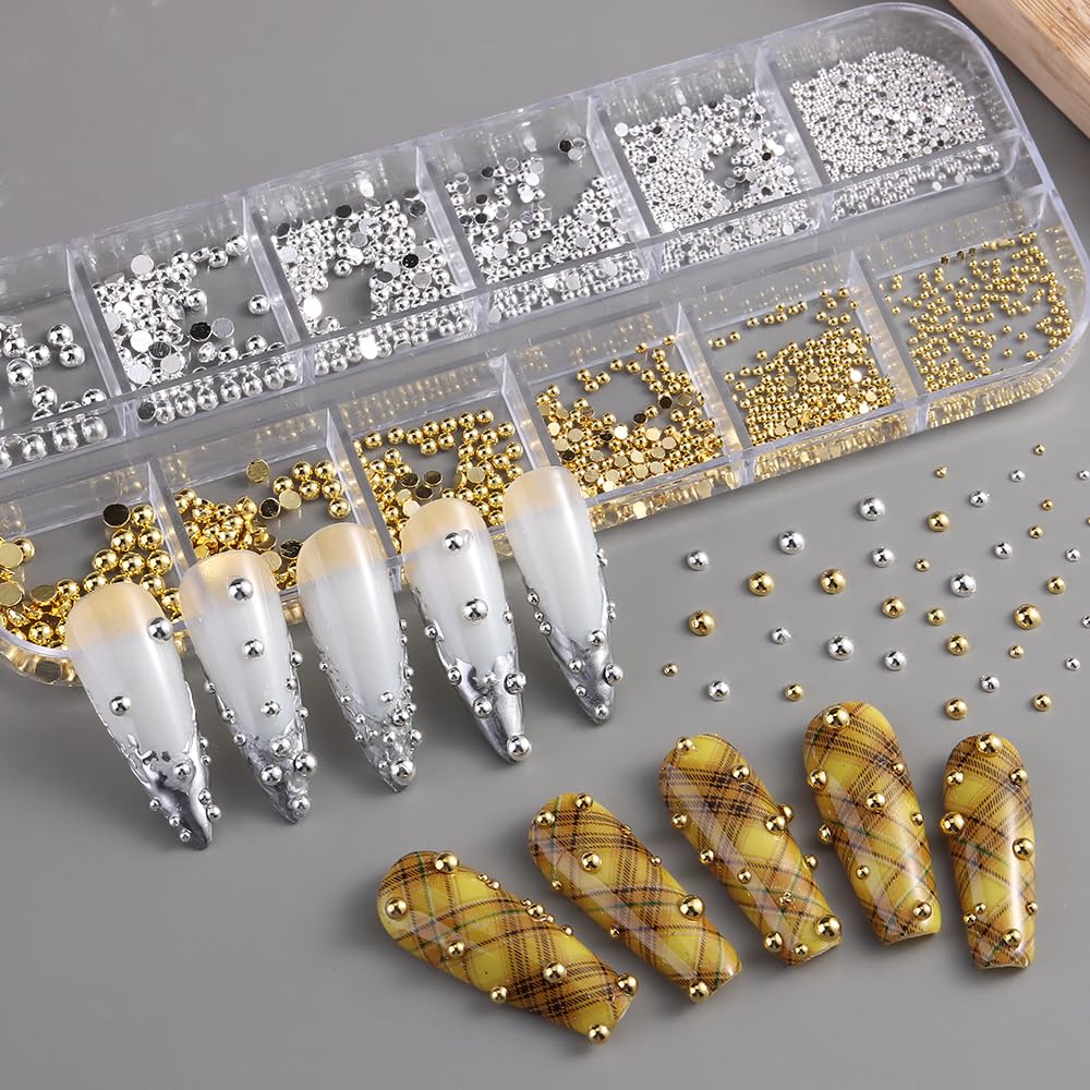 Silver and Gold Nail Charms and Gems, Mixed Sizes Half Round Flatback Stainless Steel Beads Metallic Caviar Beads Nail Rivets Studs Jewels with Tweezers Manicure Decorations DIY Crafts