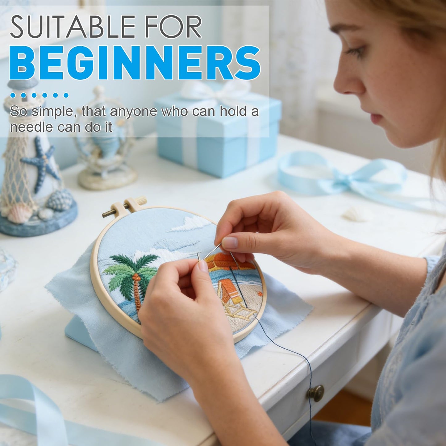 ElasignShopo Ocean Embroidery Kit for Beginners Adults, Easy Cross Stitch Kit Spring Summer Beach Ocean Pattern Embroidery Starter Kits with Wooden Hoop Needles Threads Display Stand and Instruction