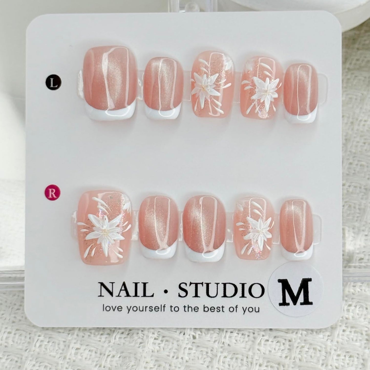 Handmade Press on Nails White French Press on Nails Short Square Fake Nails with Flower Designs Pink Sparkling False Nails Stick on Nails for Women DIY Accessories (Size M)