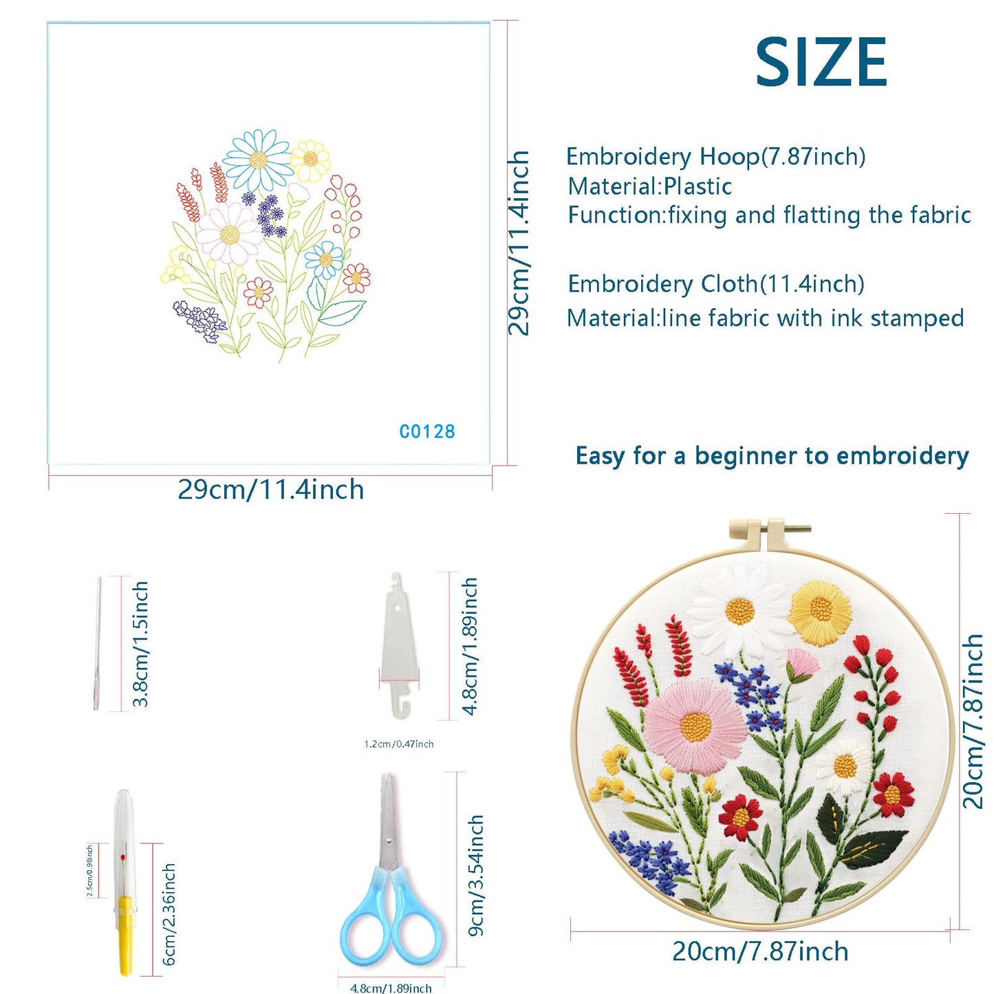 Zhenqing 4-Piece Floral Embroidery Kit for Beginners - Complete Set with Sunflower, Daisy Designs & Pre-Printed 29x29cm Cotton Fabric, Hoop, Threads & Tools(C0166)