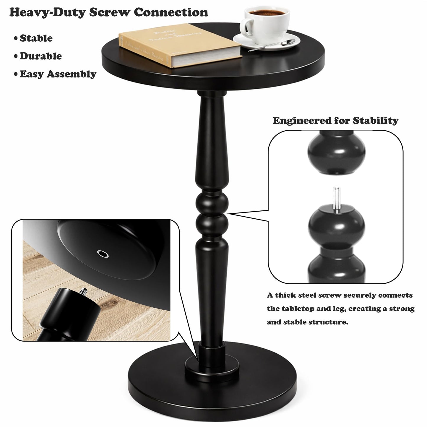 Round Side Table for Small Spaces - Small Accent End Table Nightstand with Solid Wood Top and Pedestal Leg - Modern Drink Table for Livingroom, Bedroom, Corners, Office