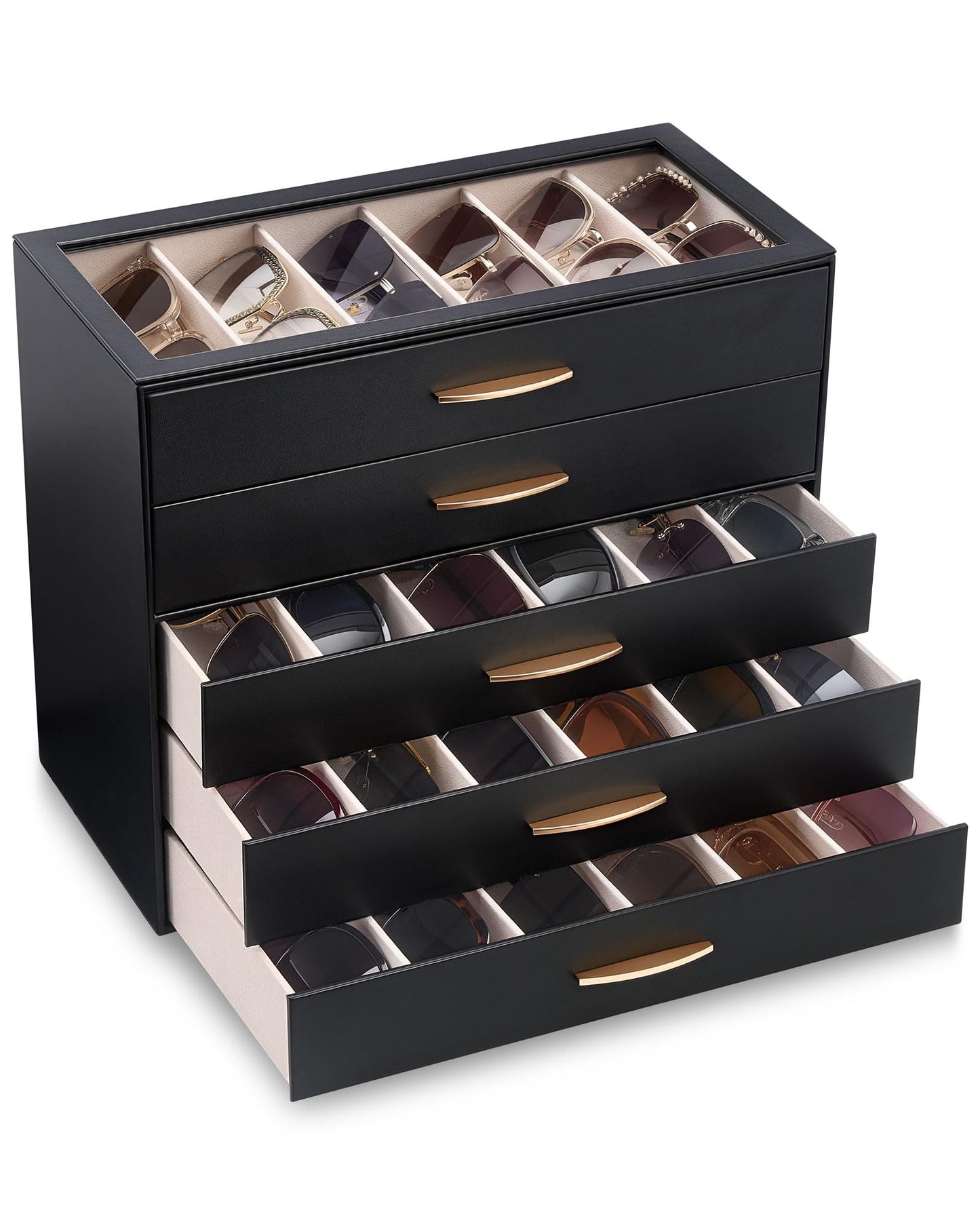Lolalet 30 Slots Sunglasses Organizer Case for Women, 5-Layer Eyeglass Storage Holder Display Box with Clear Top Lid -Black