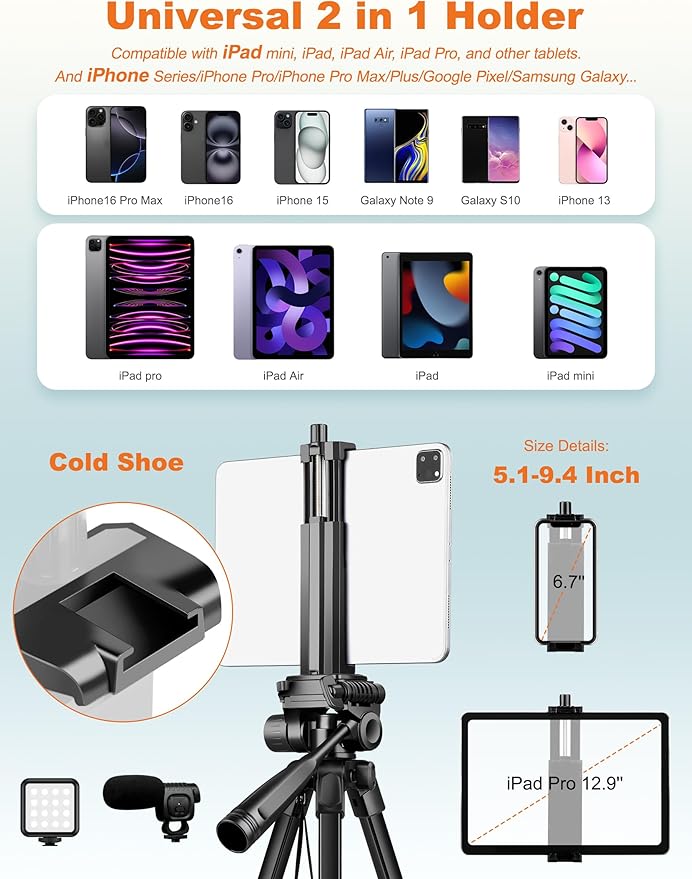 JOILCAN Phone Tripod Stand, 68" Tripod for iPad iPhone Tablet with Remote Universal Holder Carry Bag, Travel Aluminum Tripod for Video Recording Photos Vlogging Compatible with iPad Pro iPhone Camera