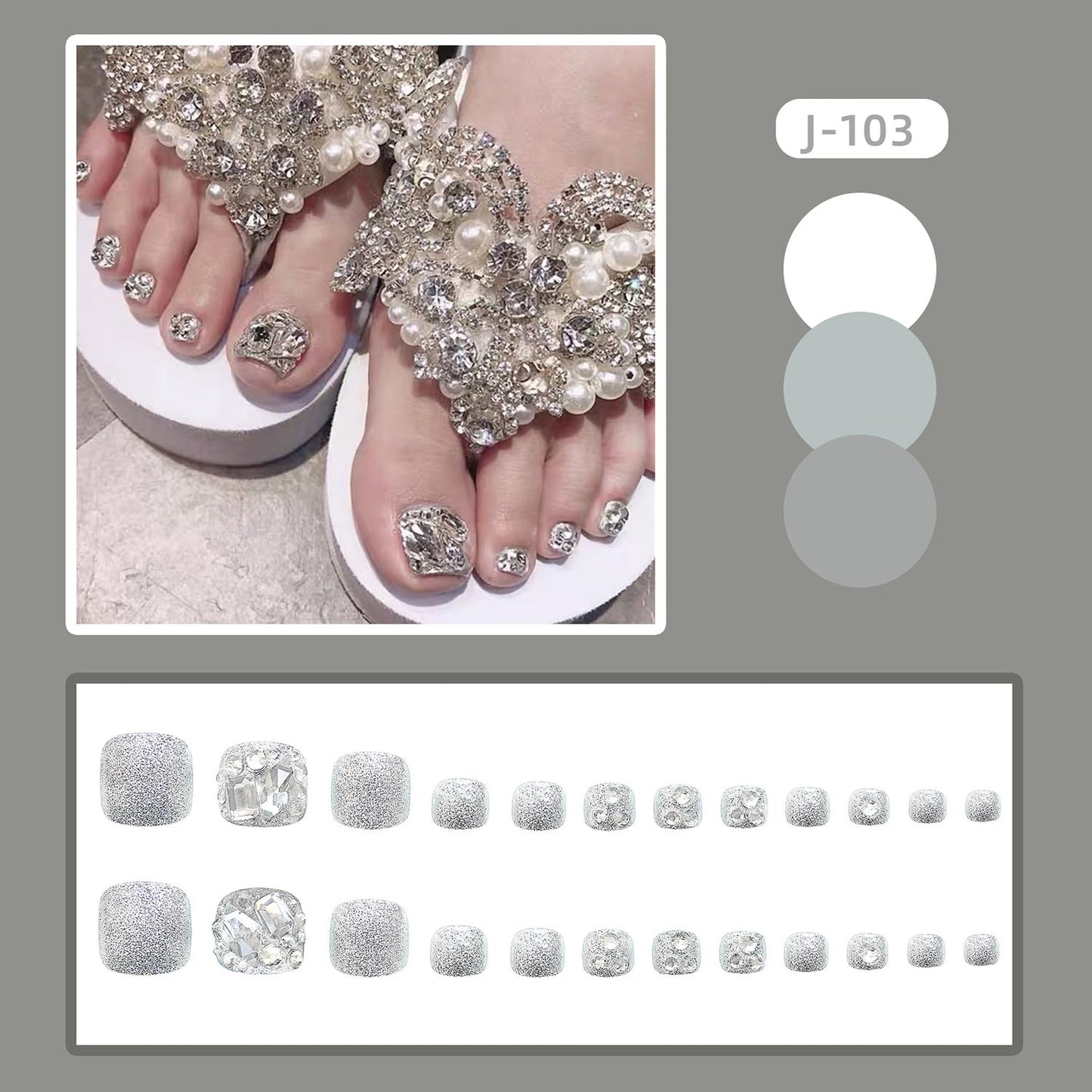 Vezocim Silver False Toenails Sets, Press on Toenails Coffin with Diamond Gems Designs, Full Cover Artificial Acrylic Fake Nails for Toe, Glue on Toenails with Charm, Stick on Toe Nails for Women