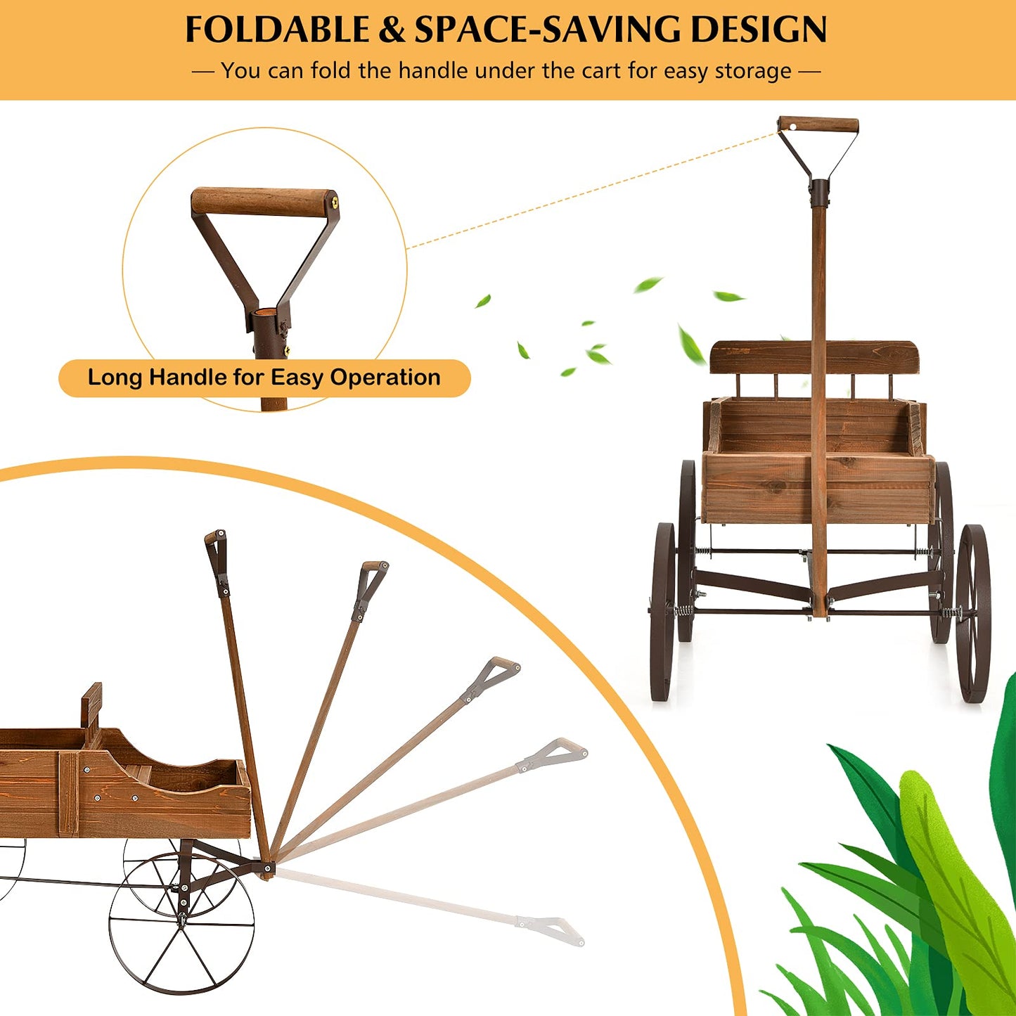 Aurcs Wooden Wagon Planter, Garden Wagon Cart Planter Pot Stand w/ 2 Planting Section, Adjustable Handle, Rolling Wheels, Planter Box Display for Succulent, Flowers, Vegetables (Natural)