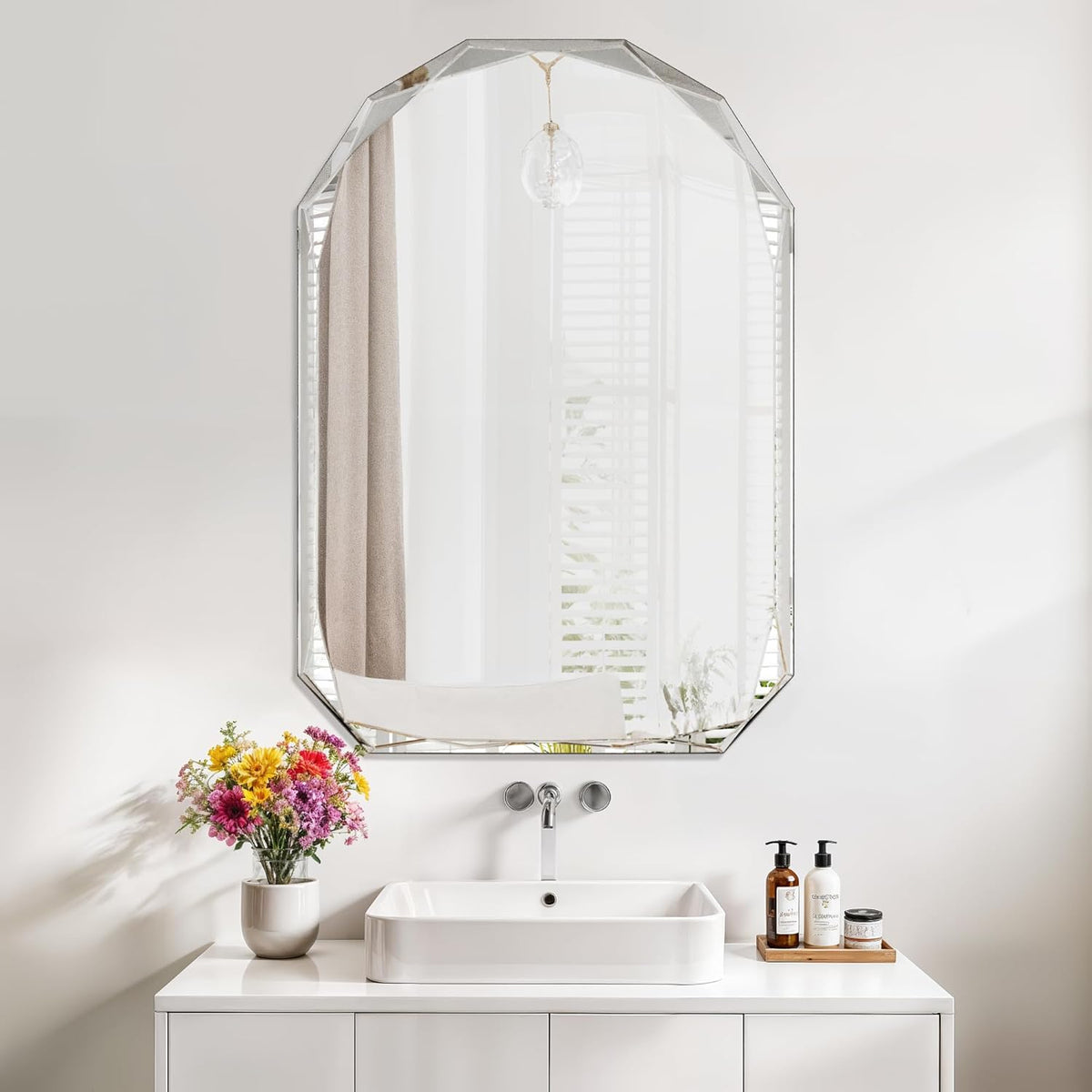 Bathroom Mirror for Wall, 20" x 30" Arched Mirror, Bathroom Vanity Mirrors, Beveled Edge Frameless Wall Mount Vanity Mirror, Wall Mirror Decorative, Irregular Beveled Edge Mirror