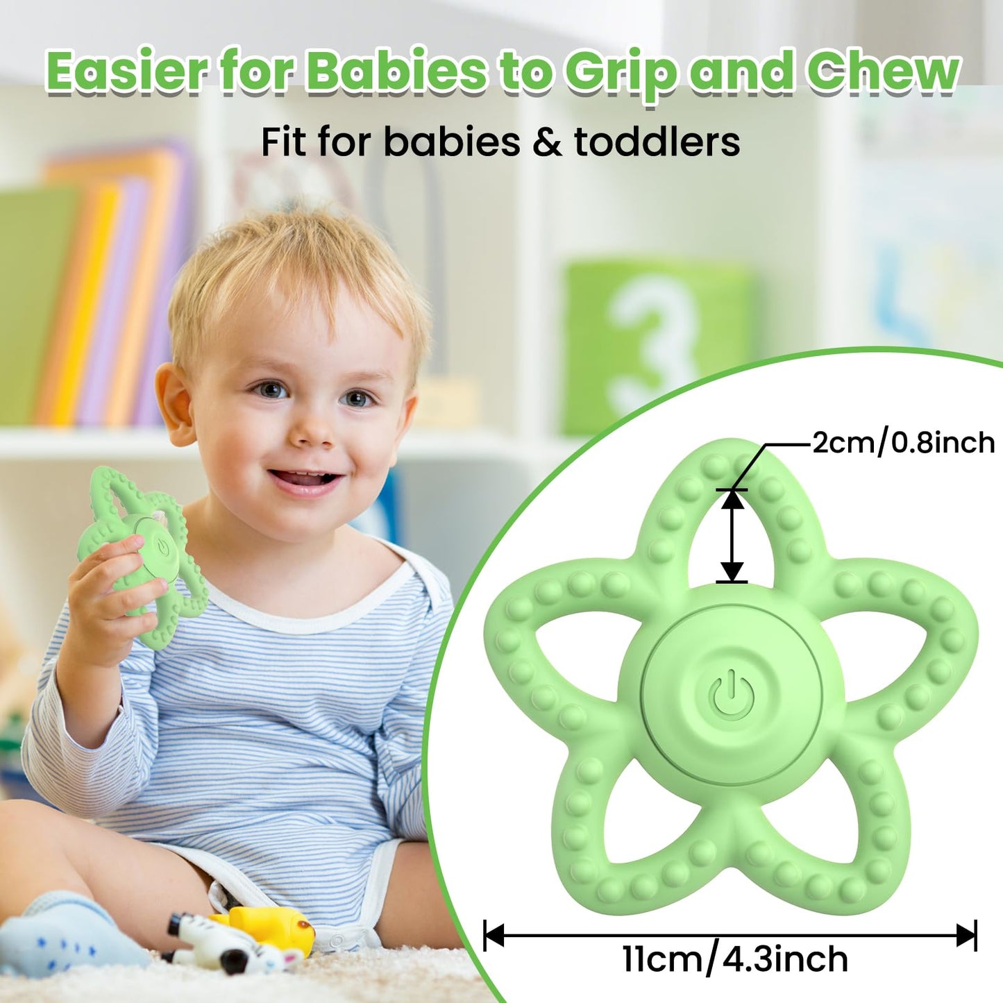 Vibrating Teether for Baby - Dual Use Vibrating Soother for 3-6 Months/6-18 Months & Sensory Toys for Kids with Autisms, Baby Teething Toys with 3 Vibration Modes (Green)