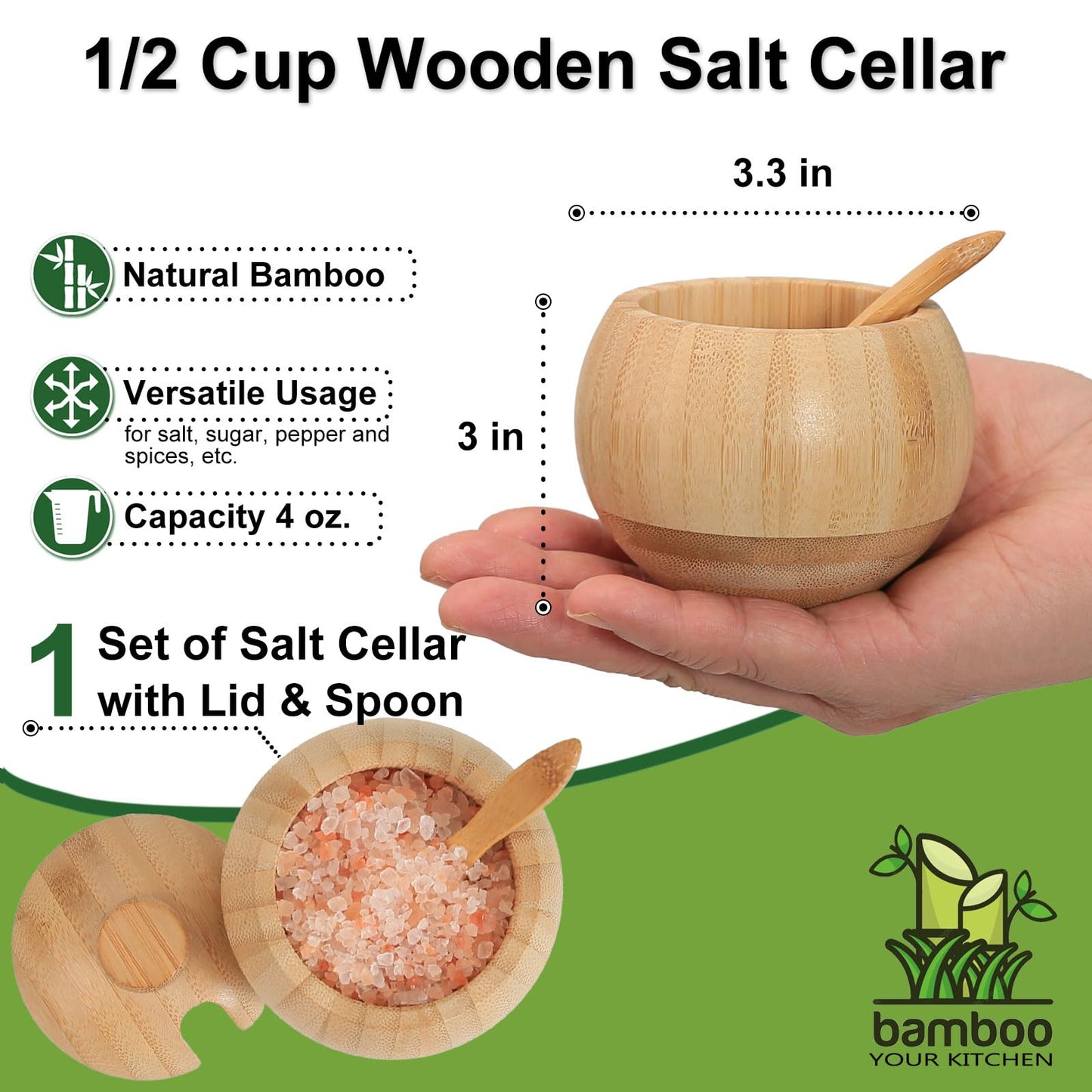 ZTHapwa Bamboo Salt Cellar with Lid and Spoon, 1/2 Cup Wooden Spice Box Storage Container for Kitchen and Restaurant Countertop, Organizes Himalayan Pink, Kosher, Sea Salts & Herbs