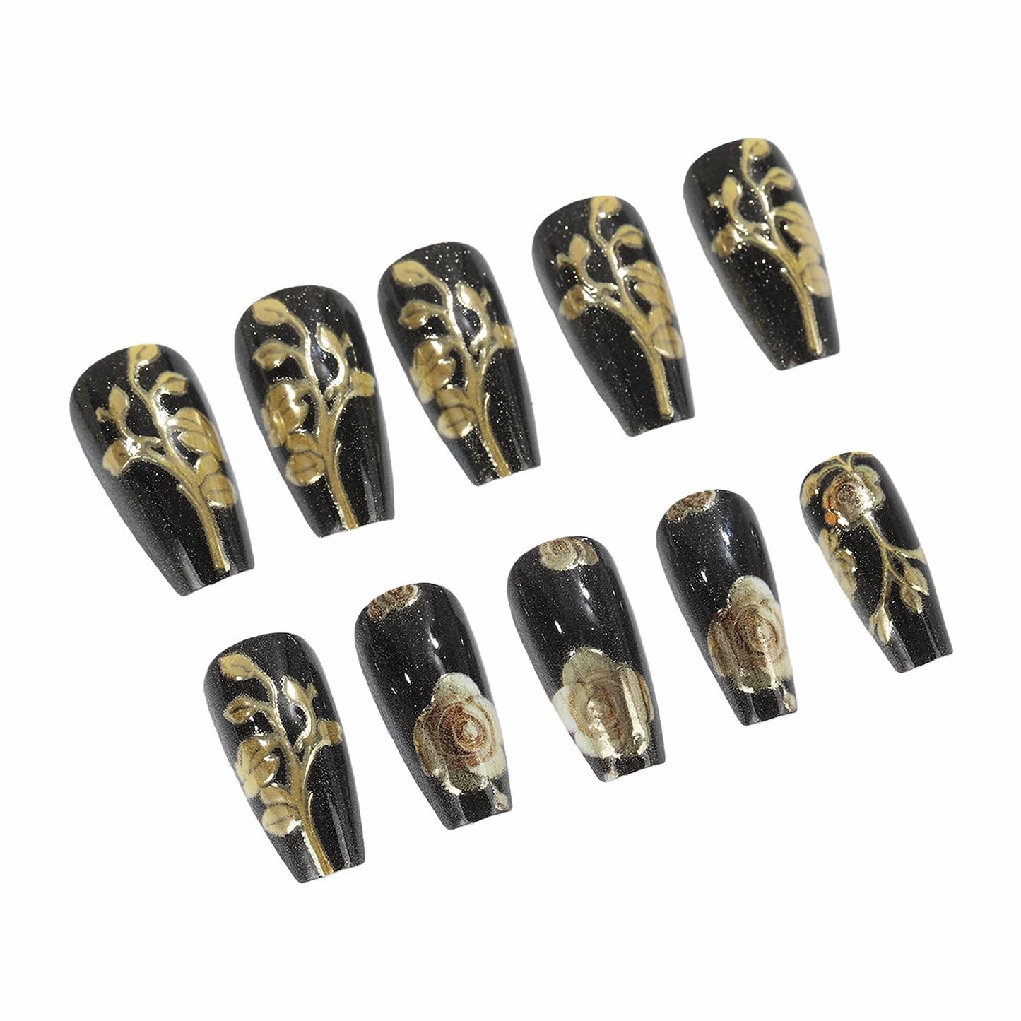 MISUD Press on Nails - Long Coffin Fake Nails with Black, Acrylic Gold Chrome Flower Design 24 pcs