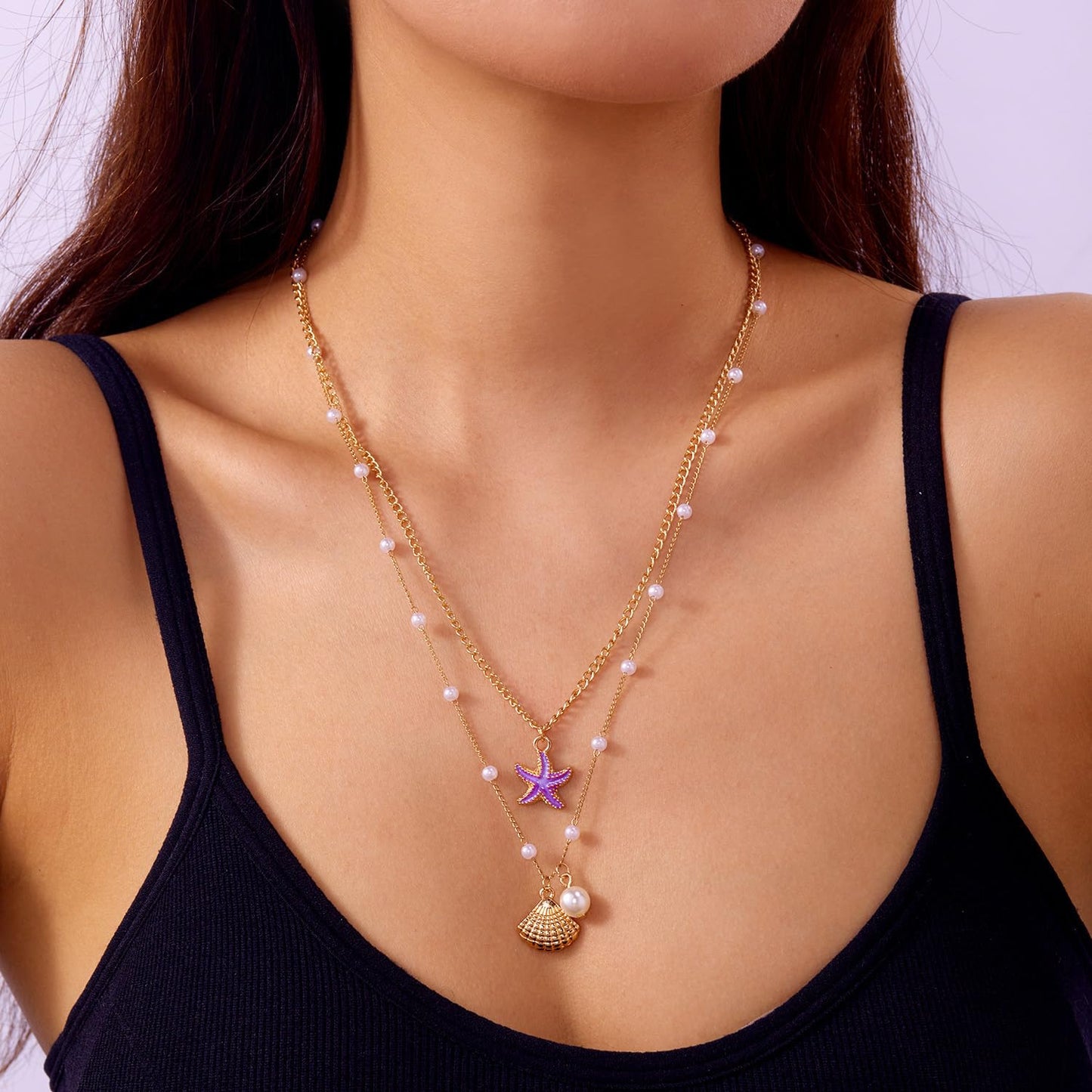Cicod Starfish Necklace Gold SeaShell Charm Necklaces Boho Layered Conch Turtles Sea Shell Necklaces Summer Beach Jewelry for Women (Purple)
