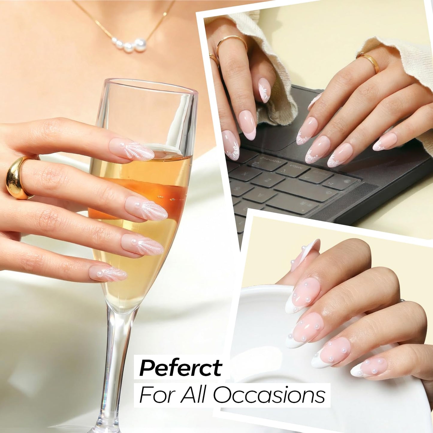 Modelones French Tip Press on Nails Almond, Short Almond Fake Nails, Semi-Transparent Soft Nail Kit with Nail Glue Adhesive Tabs Nail File, Spring Nails Press Ons 30Pcs 15 Sizes, Shell Pearl