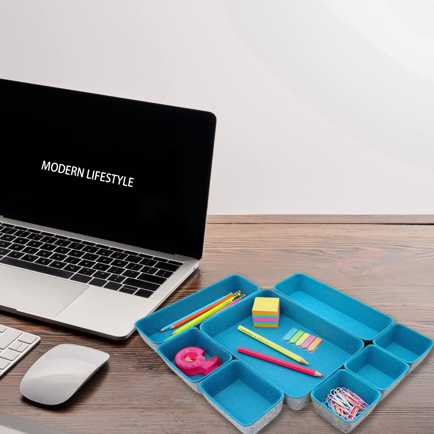 Welaxy desk drawer organizer tray felt storage bin for home office entryway catchall key holder makeup crafts pens decluttering 8-piece gift Solution (Turquoise)