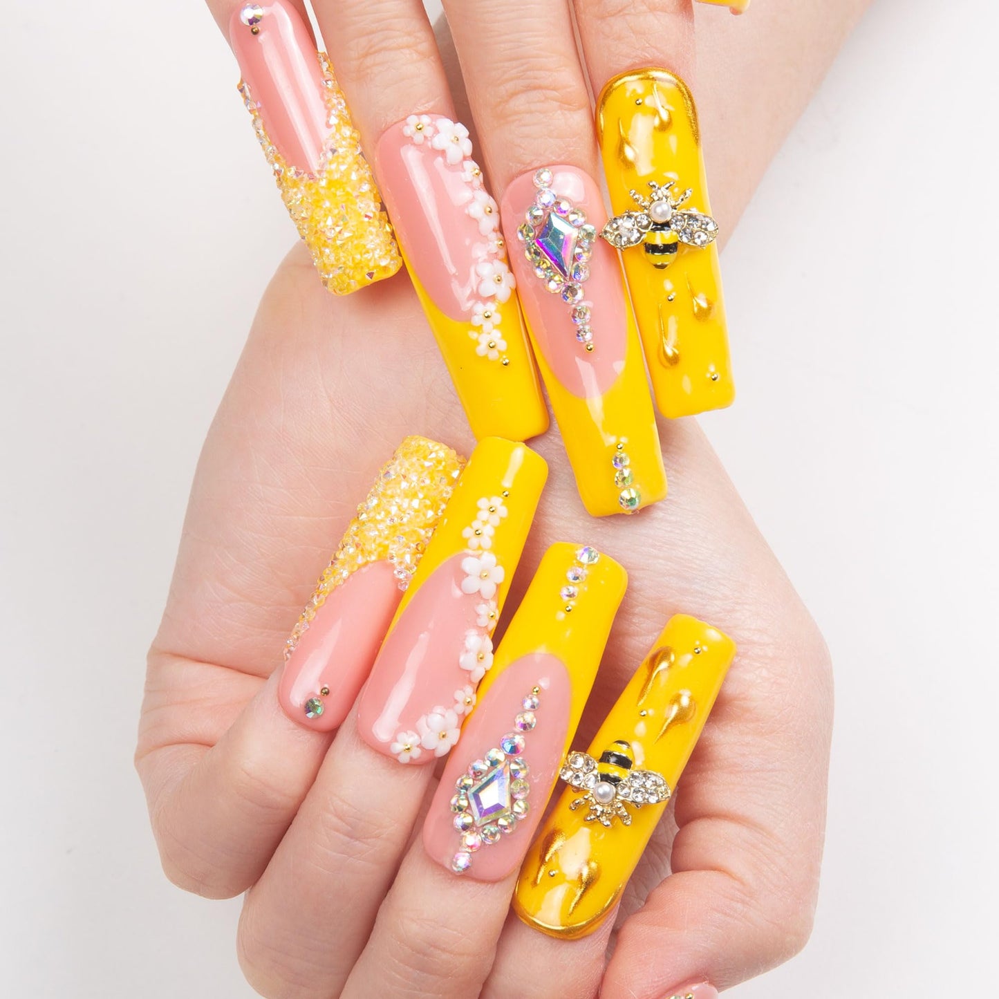 LOVFUL Press on Nails Honey Bee Yellow| Handmade with Full Covered Crystals| Reusable Fake Nails| Square Mid length 1.7in| H101-S