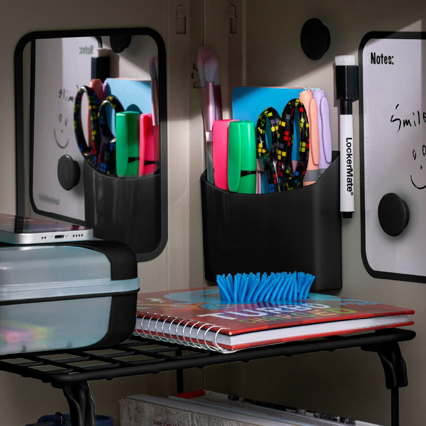 LockerMate 7-Piece Locker Organizer Kit, Includes Locker Shelf, Mirror, Whiteboard, Storage Cup & Dry Erase Marker - Black