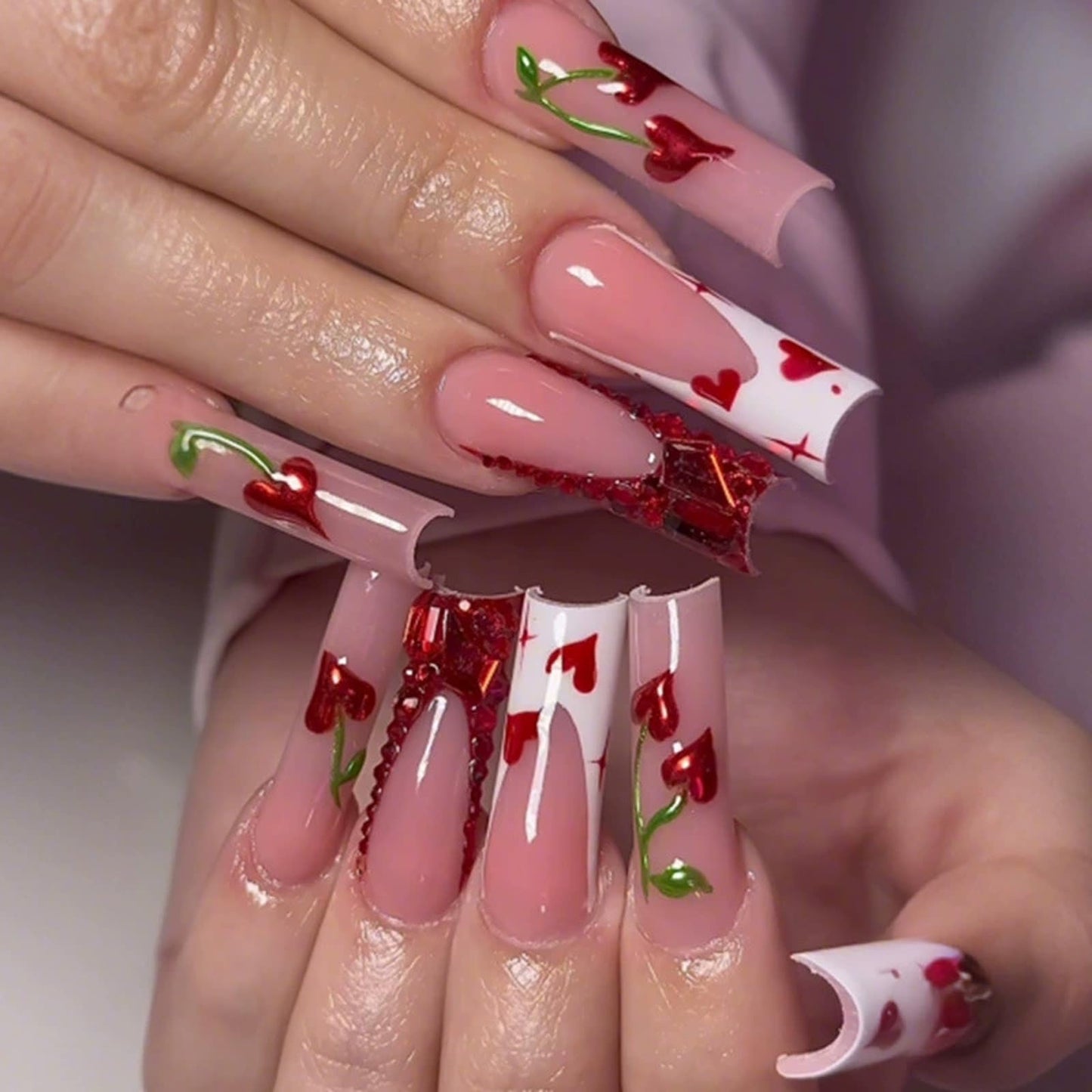 IMRAIN Red Press on Nails Long Square Fake Nails Rhinestone French Nail Tips Full Cover Acrylic Glossy False Nails with Cherry Heart Designs Glue on Nails