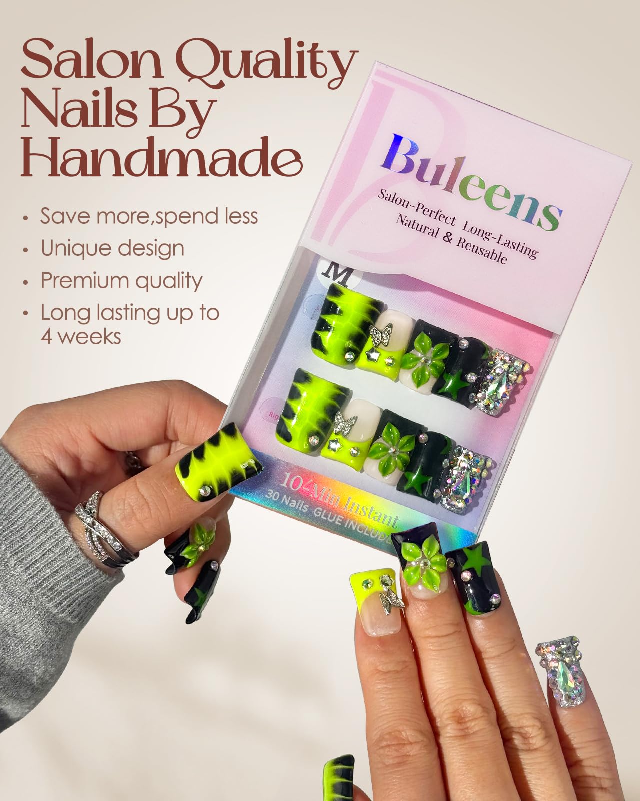 Buleens Handmade Press on Nails Acrylic Duck Nails-10pcs Short Edgy Neon Green Snake Flower 3D Fake Nails Kits with Glue