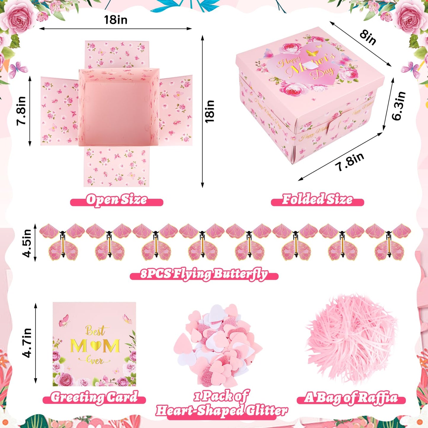 FVNPIHAM Mother'S Day Explosion Gift Box, Surprise Gift Box Explosion with 8pcs Flying Butterfly Surprise Box for Mom, Butterfly Explosion Gift Box for Mothers Day Gifts Wrapping