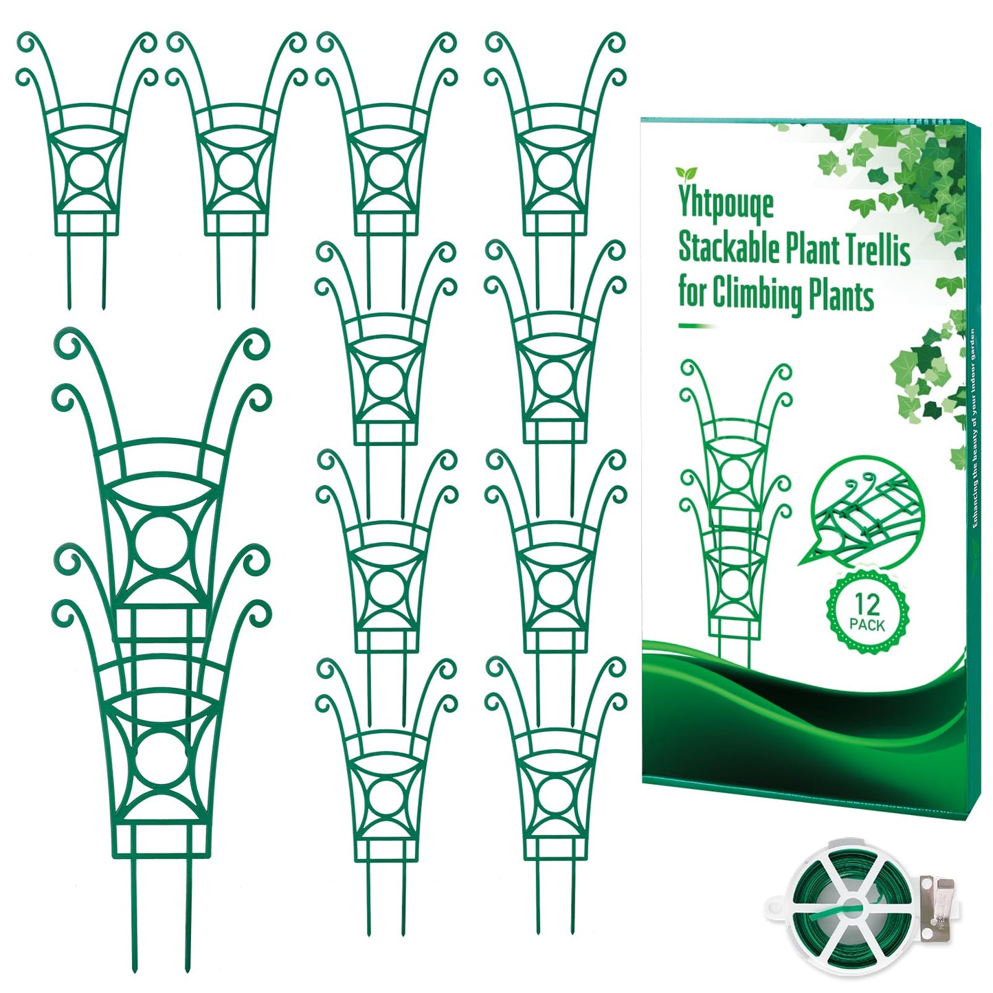 12 Pack Stackable Plant Trellis for Potted Plants, Garden Trellis Supports Peas, Ivy & Flowering Vines, Plastic Climbing Plant Support (Green)