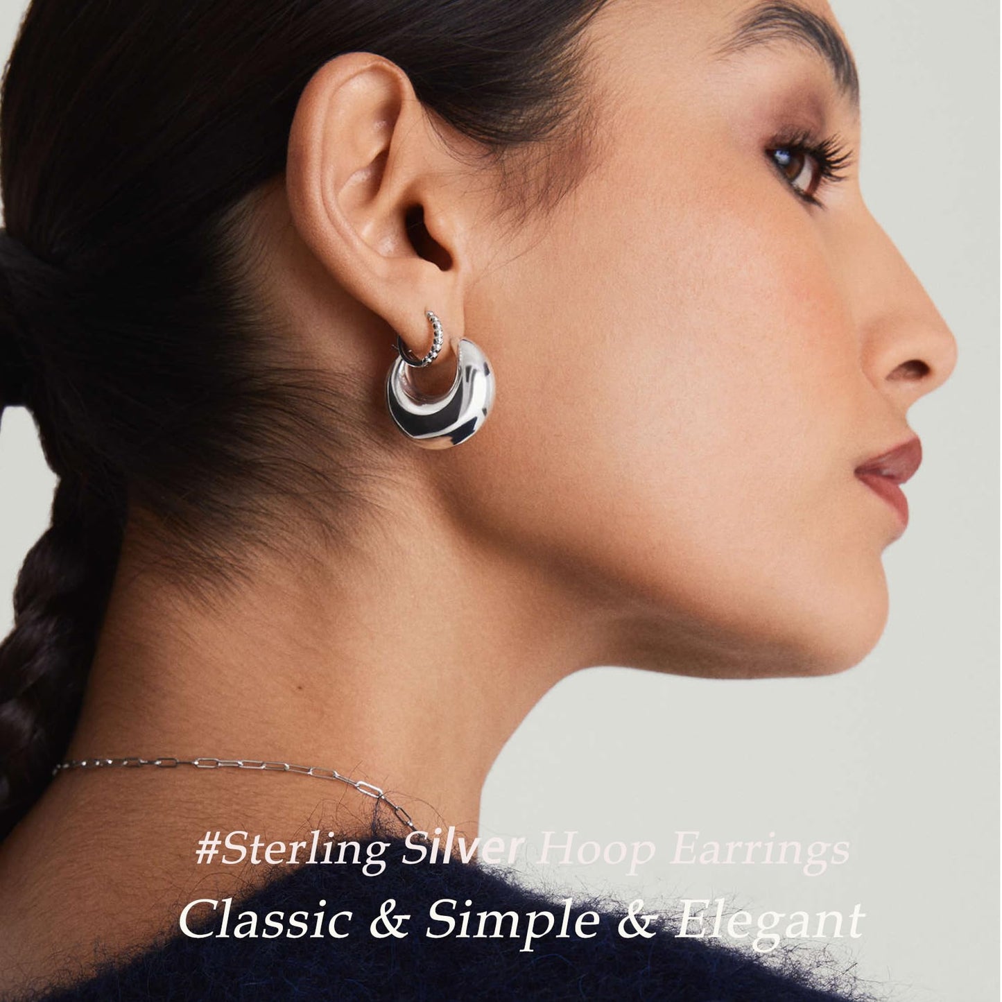 PABBEU Chunky Silver Hoops Earrings for Women, Hypoallergenic Lightweight 925 Sterling Silver Oval Hoop Earring, Sterling Silver Thick Hoop Earrings for Women (25mm)