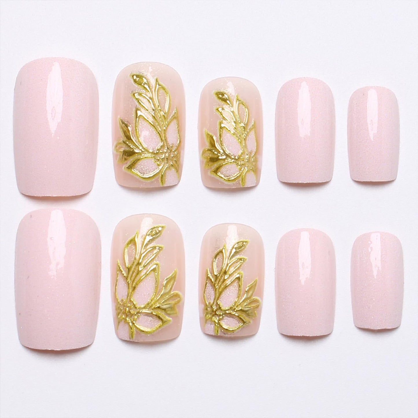 SINHOT Square Press on Nails - Medium Fake Nails, Glossy Finish, Gold Chrome Butterfly & Nude Natural, DIY Artificial False Nail Art - 24 Pcs Nail Kit with Glue