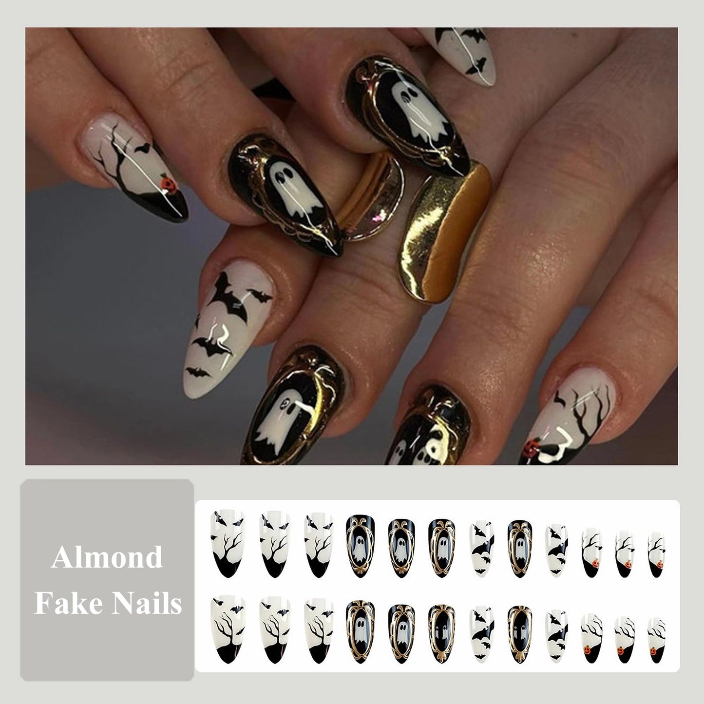 MISUD Press on Nails - Medium Almond Glue on Nails with Goth Bat, Acrylic Gothic Ghost Design 24 pcs