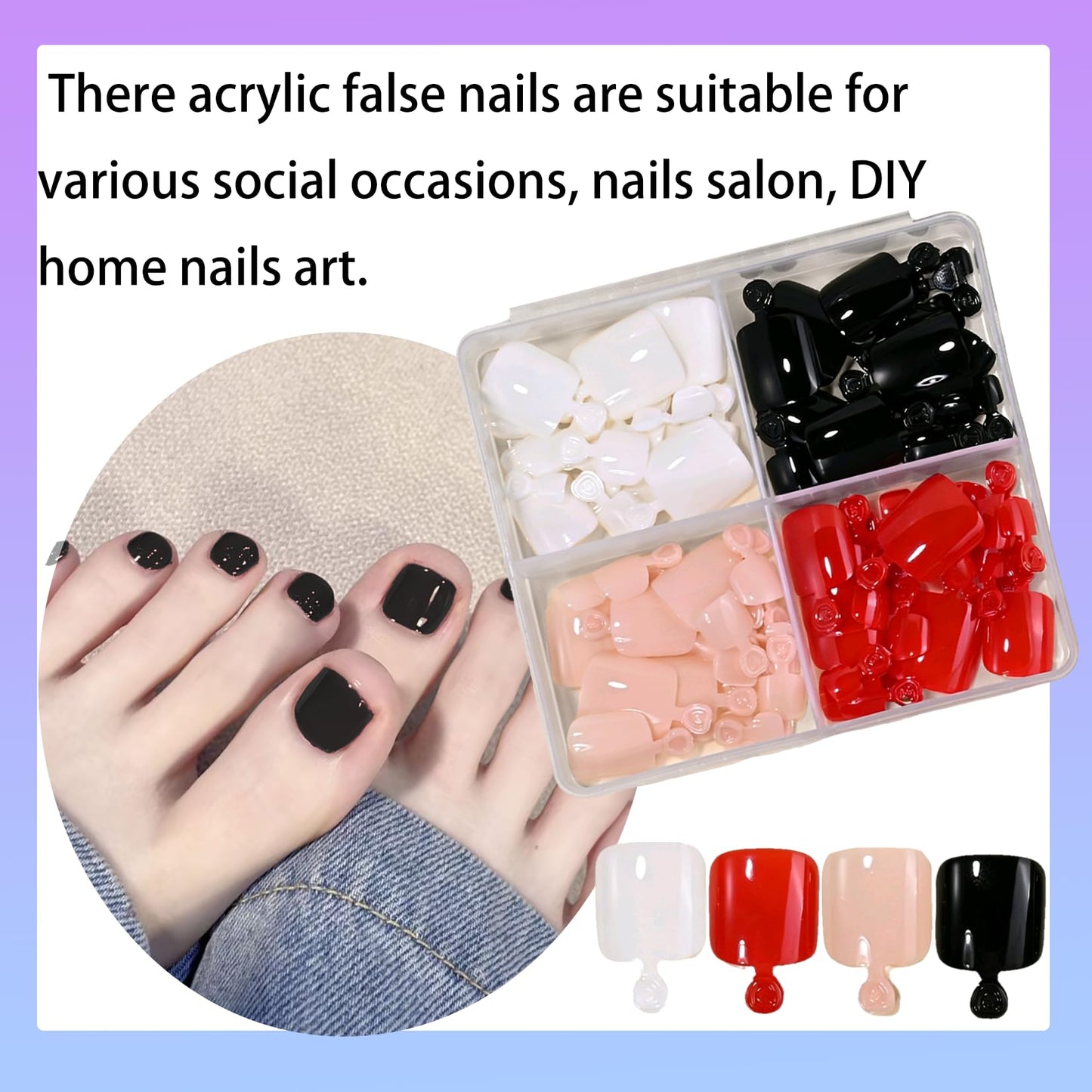 96Pcs Press on Toe Nials Short Square Fake Toe Nails White Black Pink Red Acrylic Glue on ToeNails Reusable Glossy Full Cover Stick on Tornails for Women and Gils Manicure