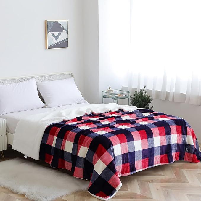 SOCHOW Buffalo Plaid Sherpa Fleece Throw Blanket, Double-Sided Checkered Super Soft Luxurious Bedding Blanket 50 x 60 inches, Red/Blue