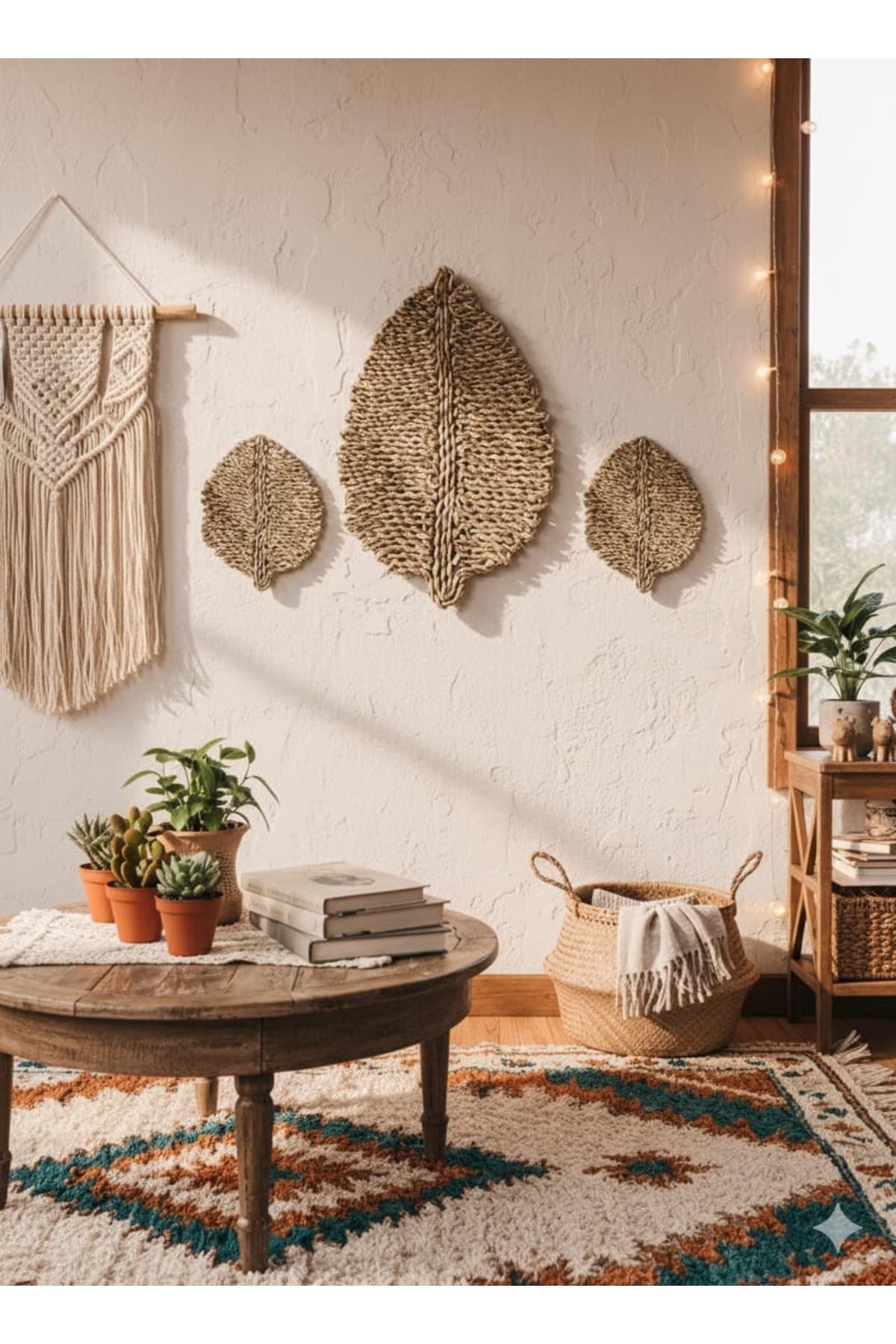 SODEF Handmade Reed Leaf Wall Decor - Bohemian Style Wall Hanging Ornament - Small Size 23 x 18 cm - Beige, 9x7 inch