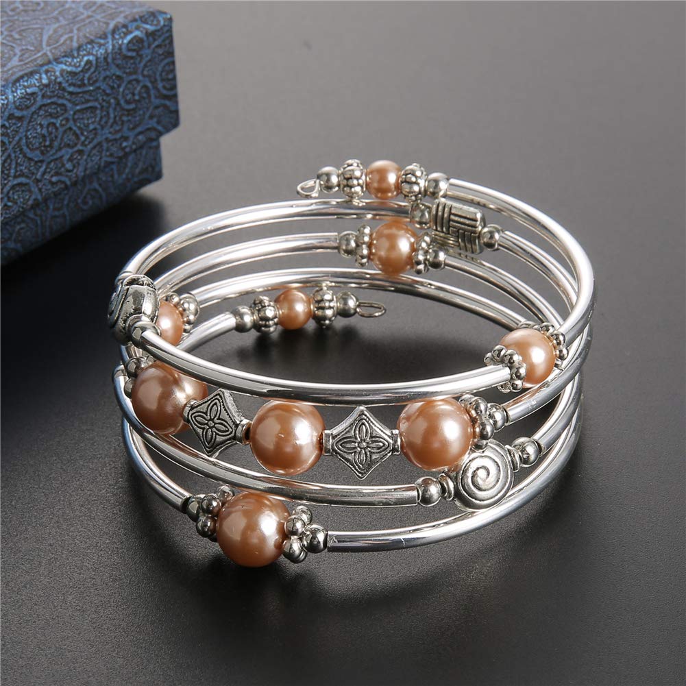 Beaded Pearl Bangle Wrap Bracelet - Fashion Bohemian Jewelry Multilayer Charm Bracelet with Thick Silver Metal Beads, Gift For Women(Champagne)