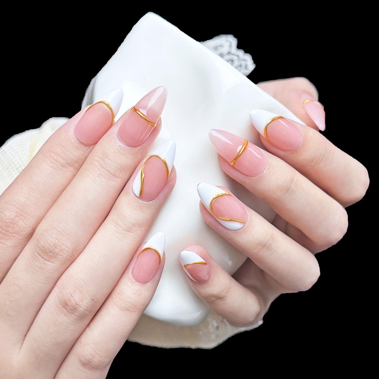 Handmade Press On Nails impress Fake Nails Medium Almond Oval French nails 3D Pink and Gold bordering Hand Finger Manicure False press ons Nail Artificial (S size)