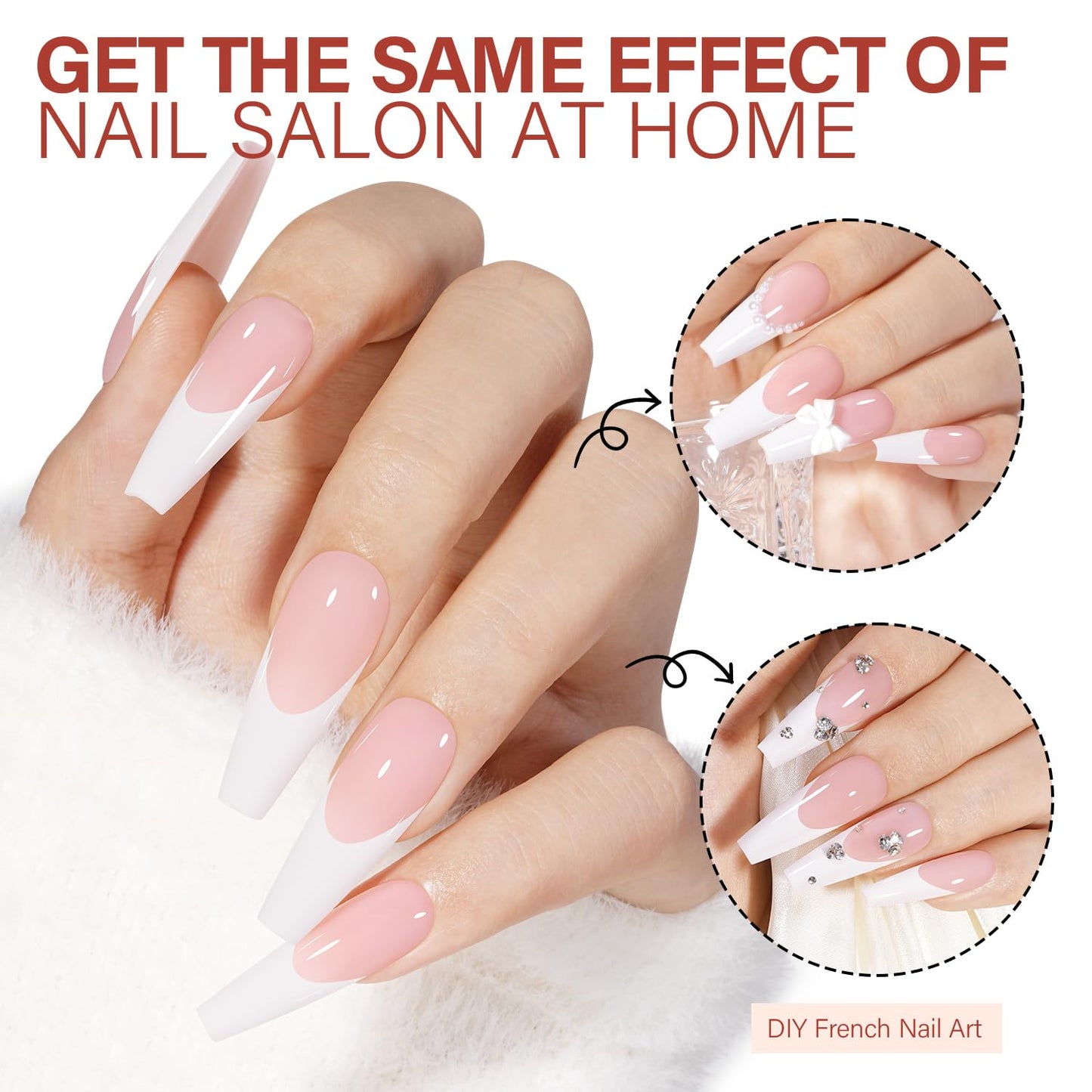 AILLSA French Gel Nail Tips, 180 Pcs French Tip Press On Nails Long Coffin Pink, Pre-Applied Primer & Base Coat, No Need File, Soft Nail Tips, Fake Nails for Nail Art DIY 15 Sizes