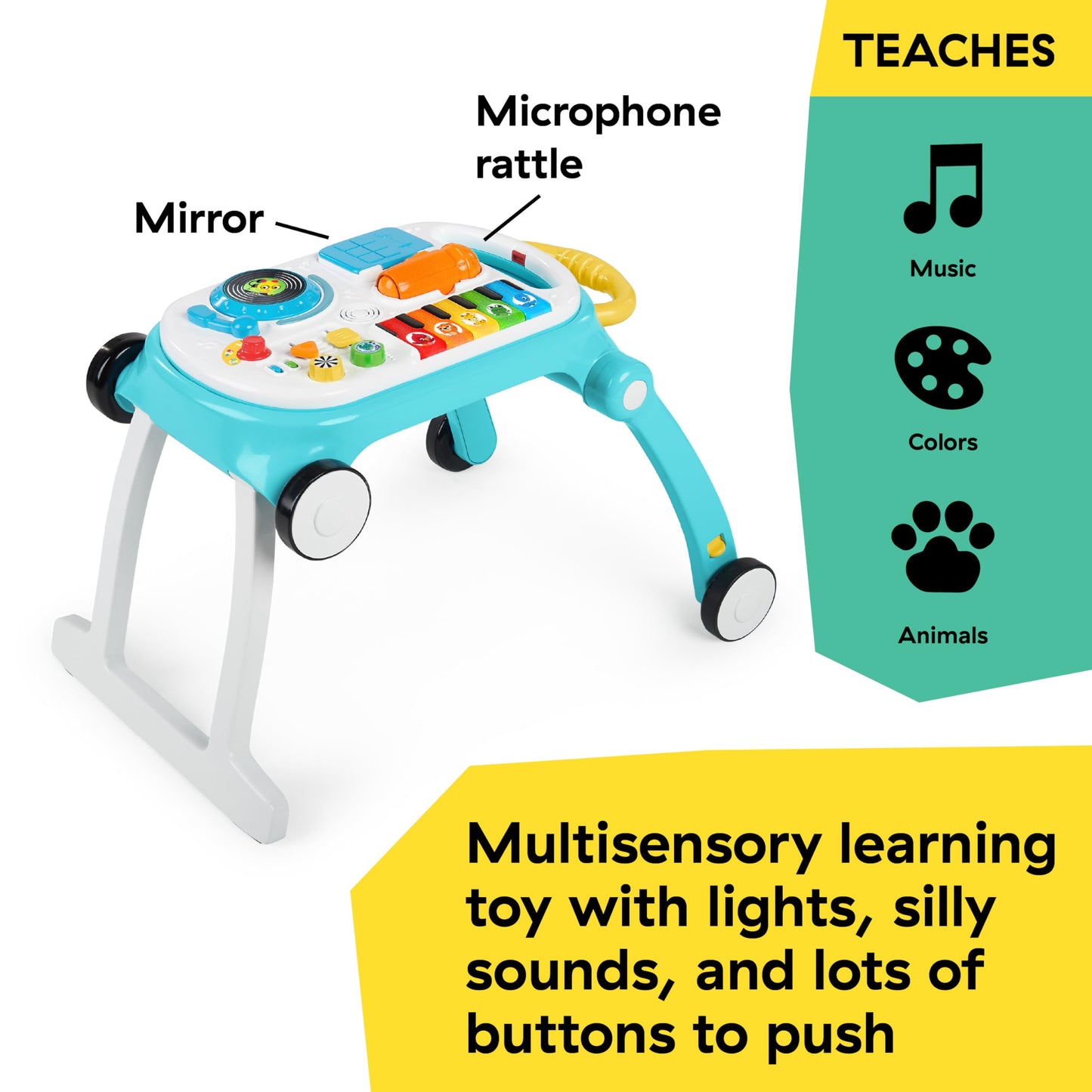 Baby Einstein Musical Mix ‘N Roll 4-in-1 Push Walker, Activity Center, Toddler Table & Floor Toy, 100+ Songs & Phrases, DJ Station with Piano