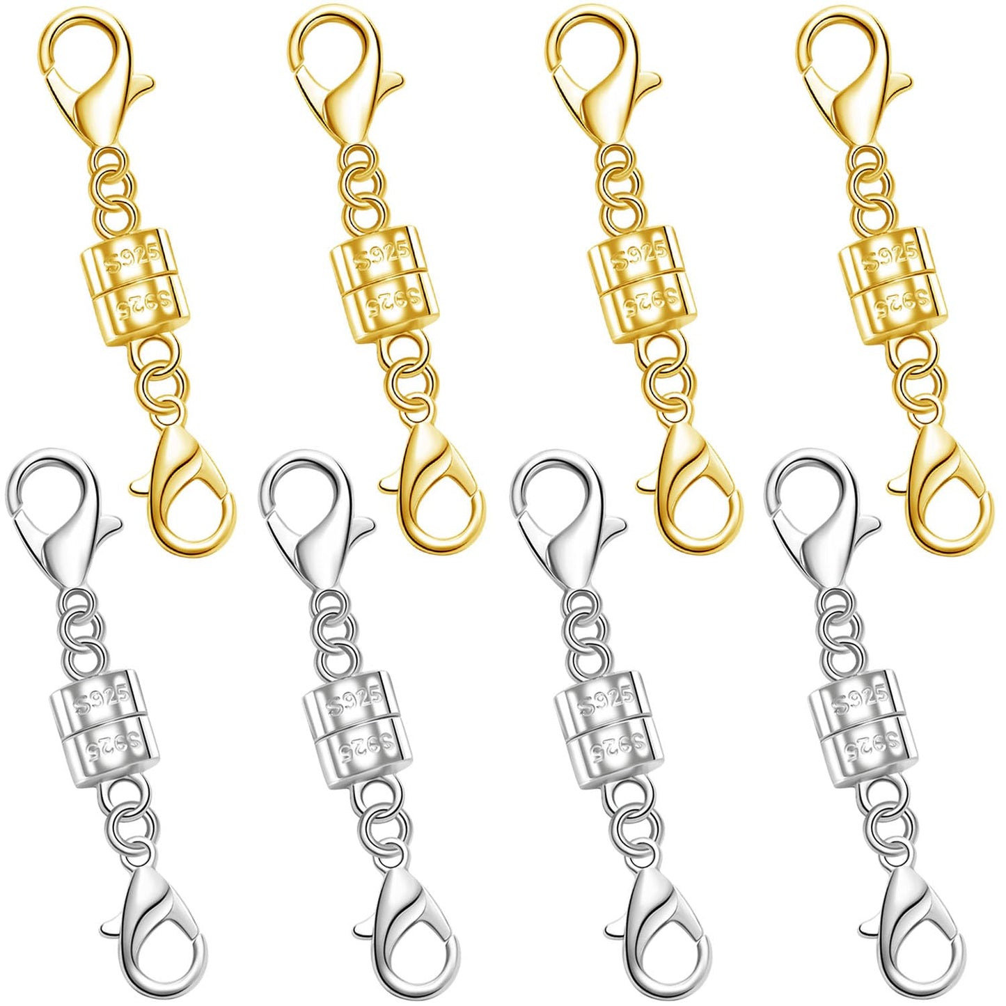 925 Silver Double Lobster Magnetic Necklace Clasps,Magnetic Jewelry Clasps for Necklaces Extender Bracelet Clasps and Closures (4golden+4silvery)
