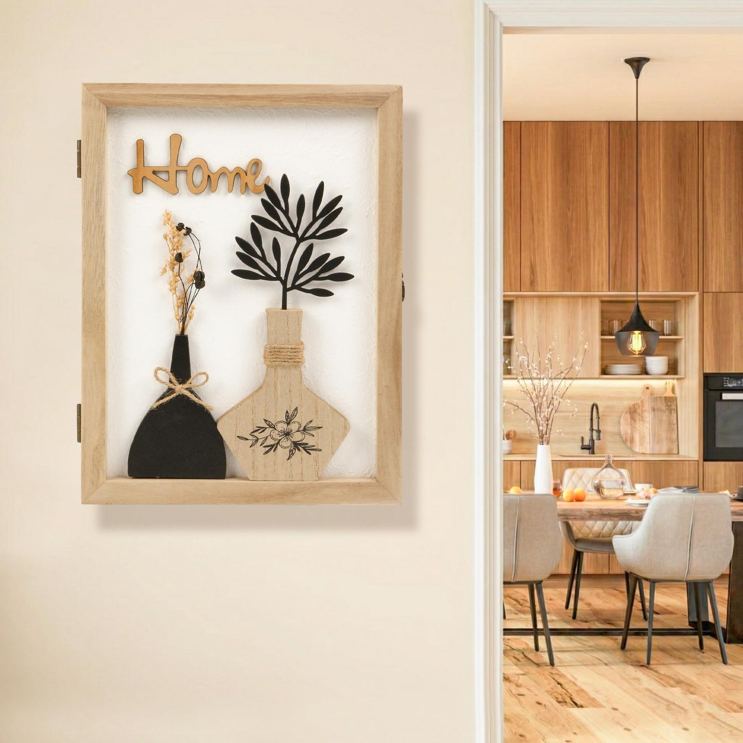 Hidden Key Holder for Wall - Wooden Key Box Wall Mount Decorative Cabinet with 6 Hooks, Rustic Beige Wood Keychain Organizer, Access Card Hangers Rack Storage for Home Entryway Hallway Office Decor